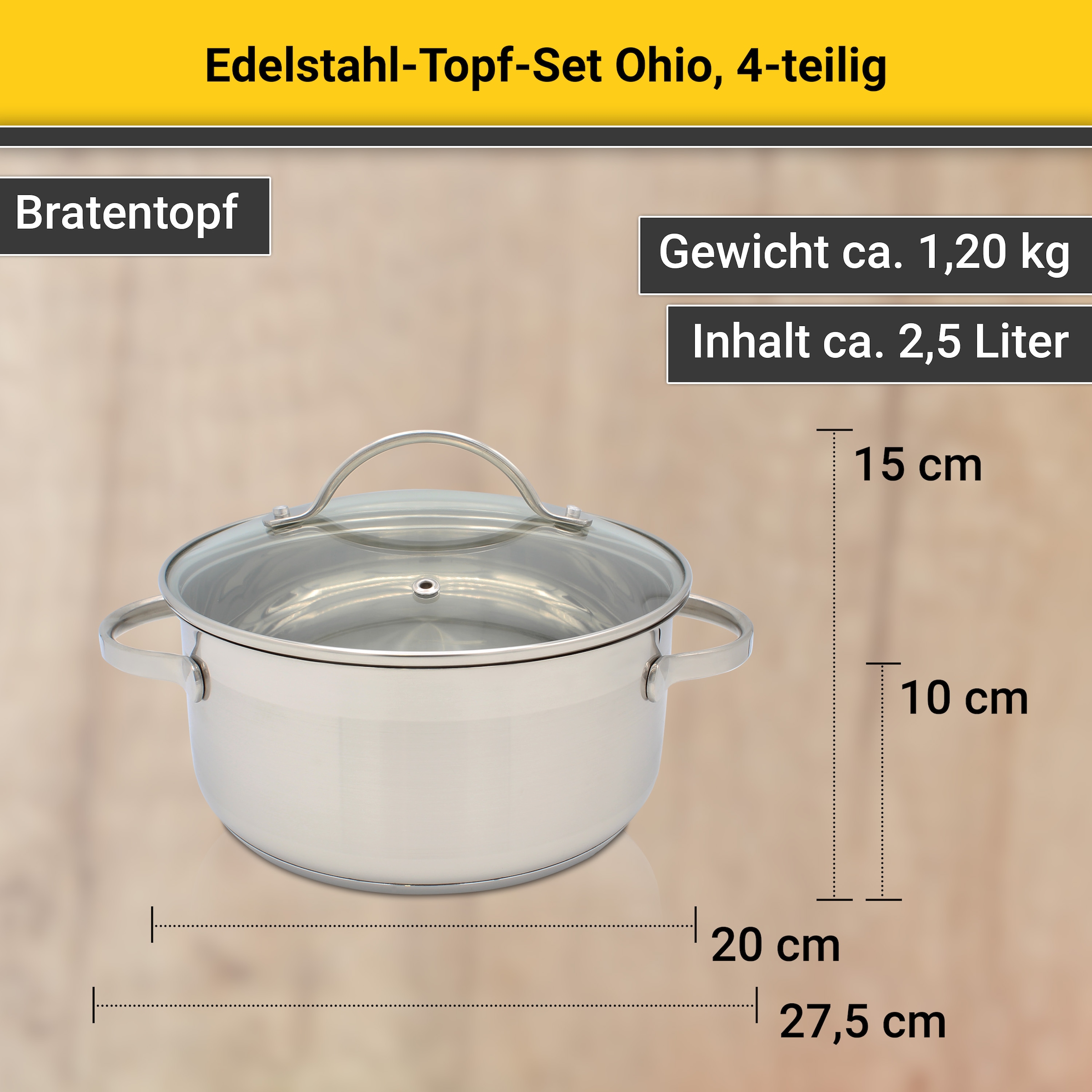Krüger Topf-Set »Ohio«, Edelstahl, (Set, 7 tlg., Bratentopf Ø 20 cm, Fleischtopf Ø 16/20 cm, Stielkasserolle Ø 16 cm), für Induktions-Kochfelder geeignet