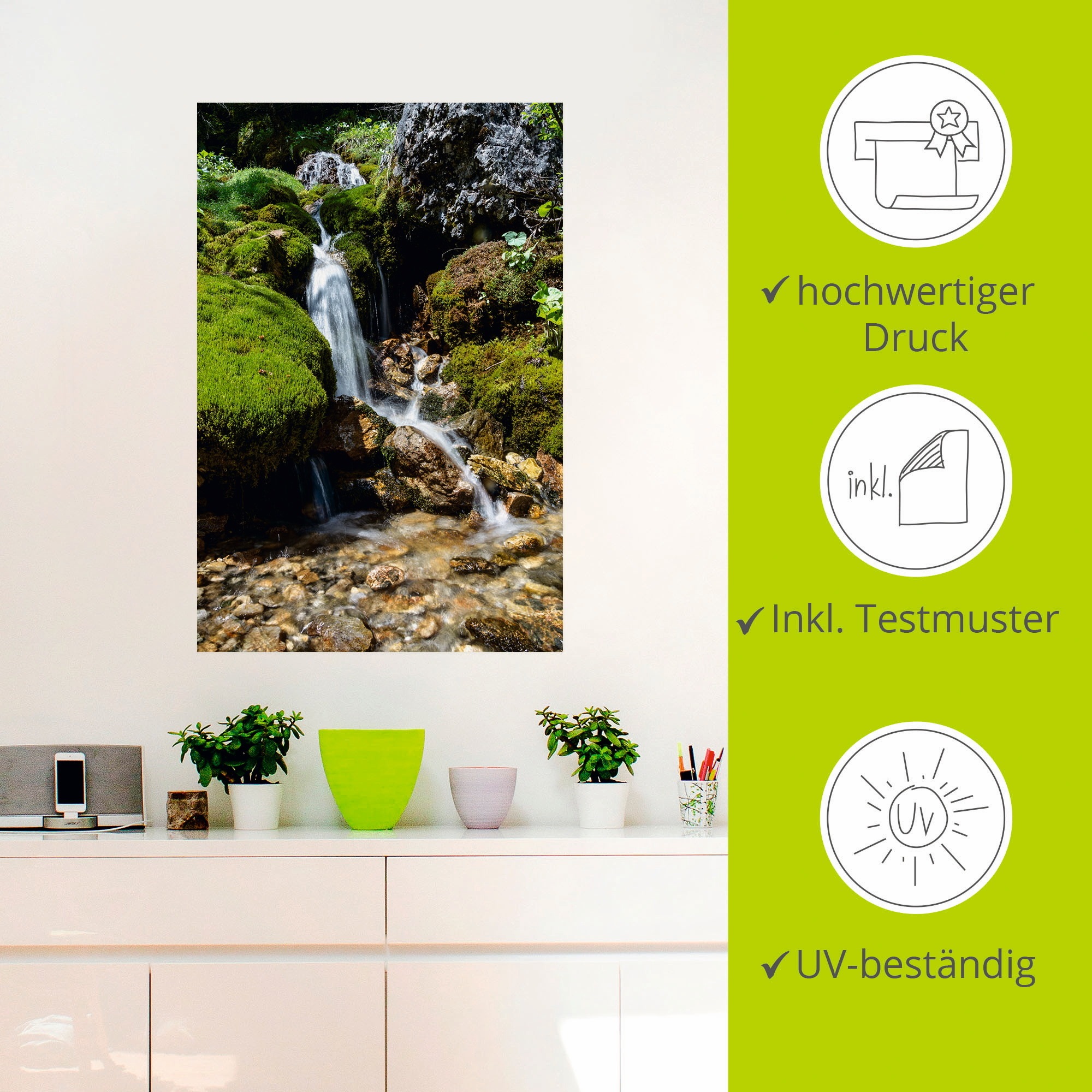 Artland Wandbild »Kleiner Wasserfall in den Bergen«, Gewässer, (1 St.), als Leinwandbild, Poster, Wandaufkleber in verschied. Größen