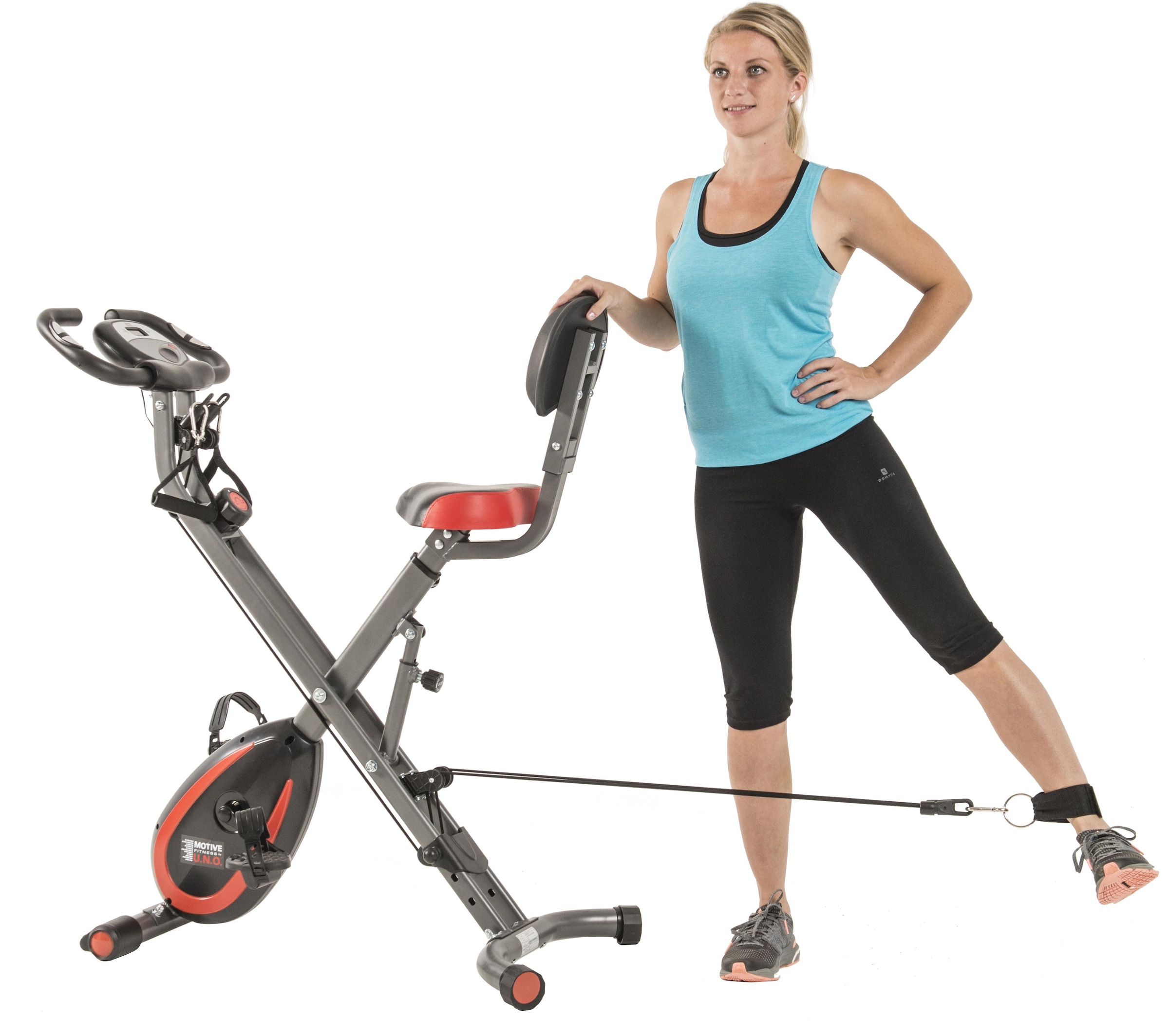 MOTIVE FITNESS by U.N.O. Heimtrainer »Multi-Function X-BIKE (mit/ohne Unterlegmatte)«, (inkl. Seilzug für Arme und Beine), klappbar