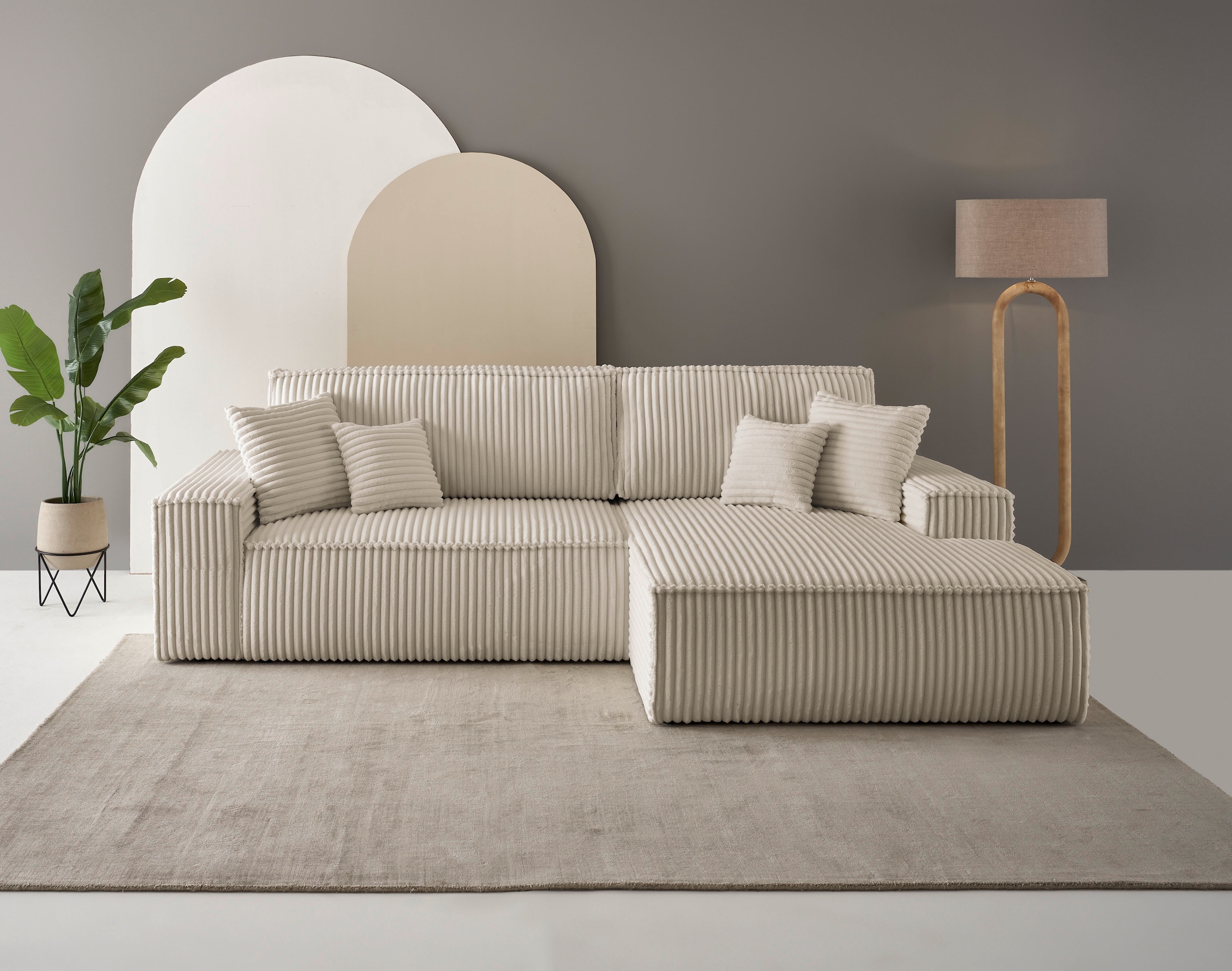 andas Ecksofa »Finnley Schlafsofa 267 cm in Bouclé, Struktur fein u. Cord, L-Form,«, Schlaffunktion m. Bettkasten (136/210 cm), Bouclé, Struktur und Cord