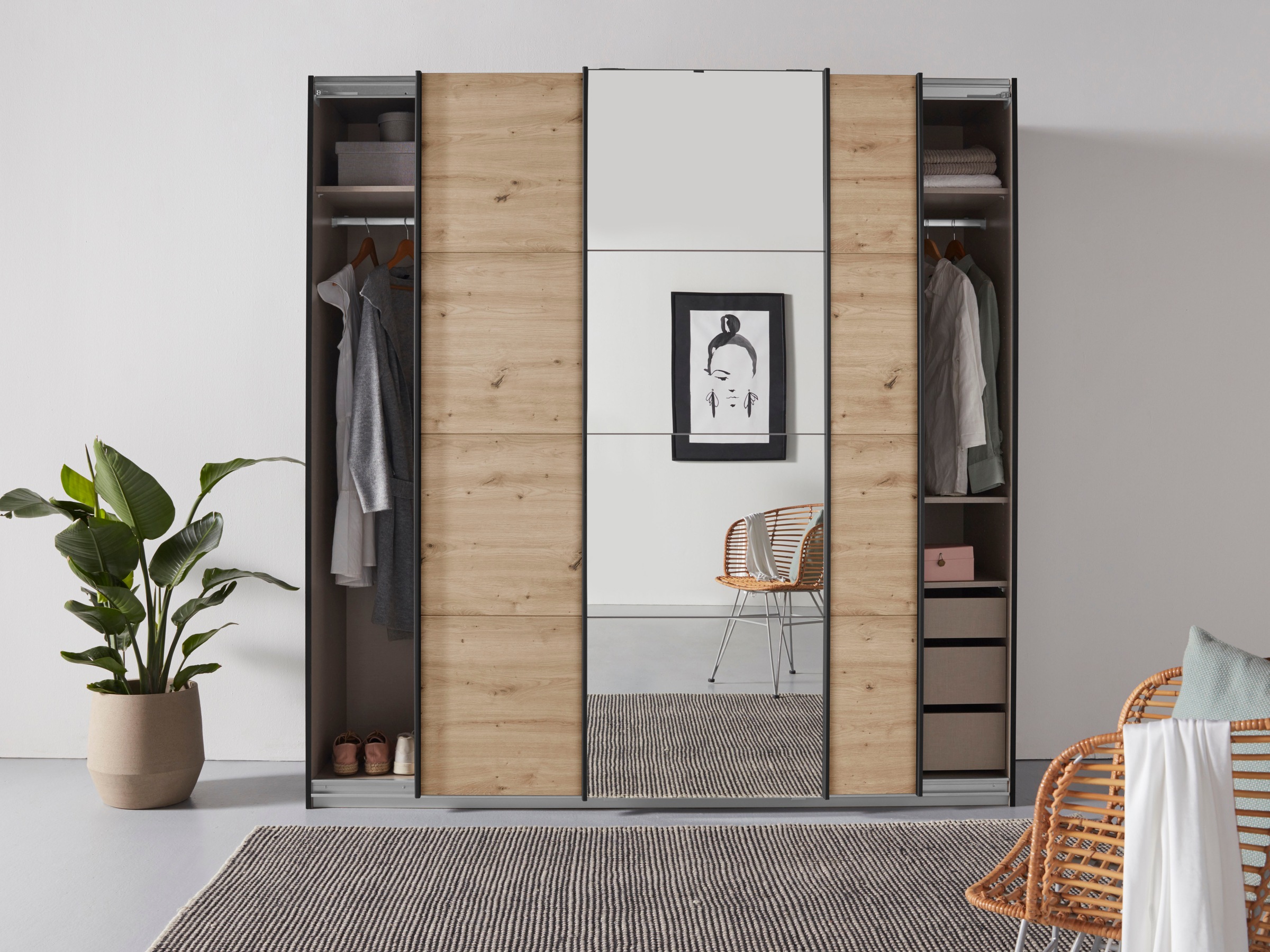 rauch Schwebetürenschrank »Kleiderschrank Schrank Garderobe TOPSELLER OTELI inkl. Inneneinteilung« Breiten 203/271/315/360 cm Höhen 210/229 cm,  mit 3 Innenschubladen sowie zusätzlichen Einlegeböden MADE IN GERMANY