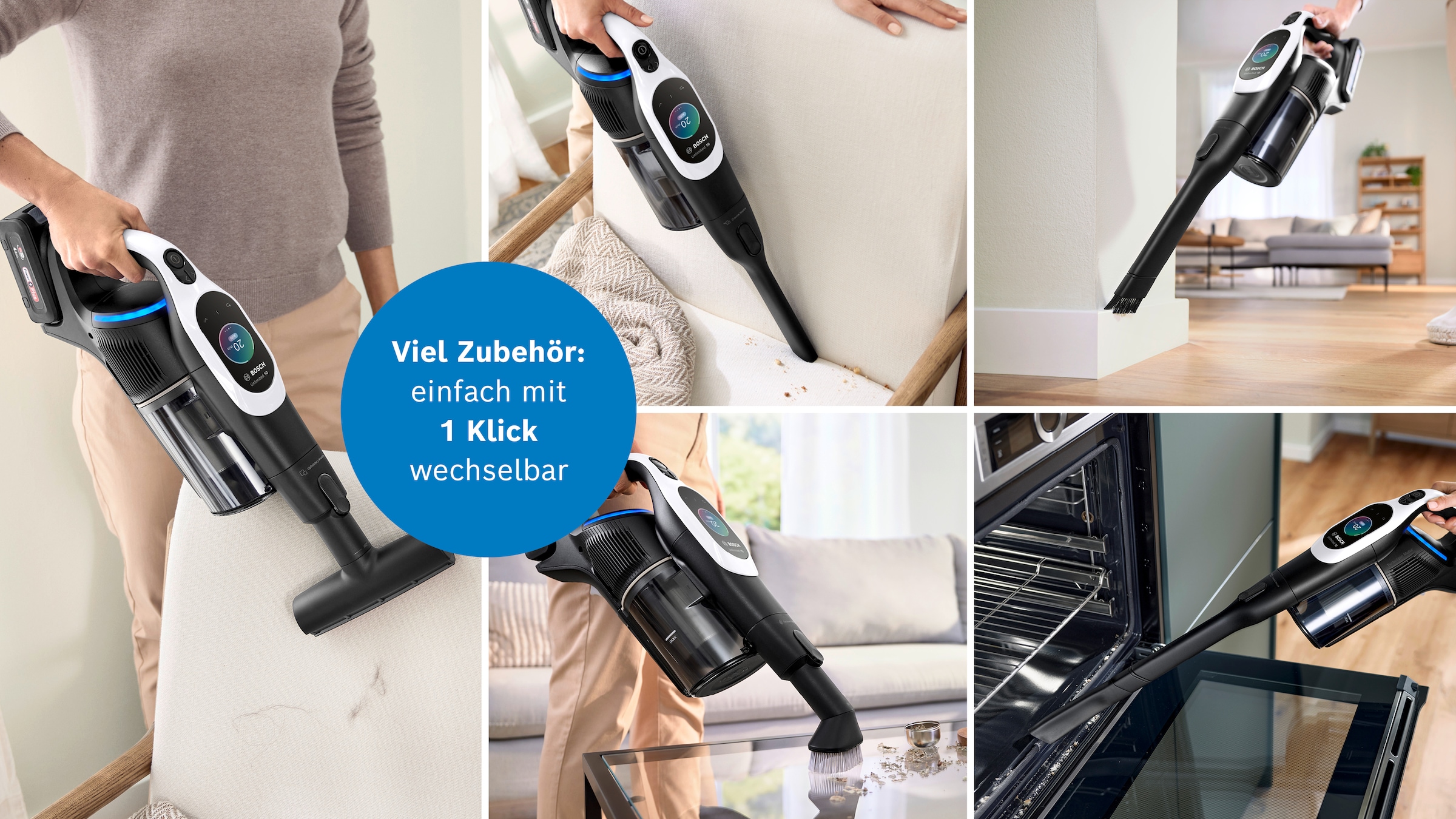 BOSCH Akku-Stielstaubsauger »Unlimited 10 BTS1042WAC, MicroClean™ Technology, 10 J. Motorgarantie« Display, Knickrohr, HEPA-Filtersystem, Schnellladegerät, 2 Akkus, weiß