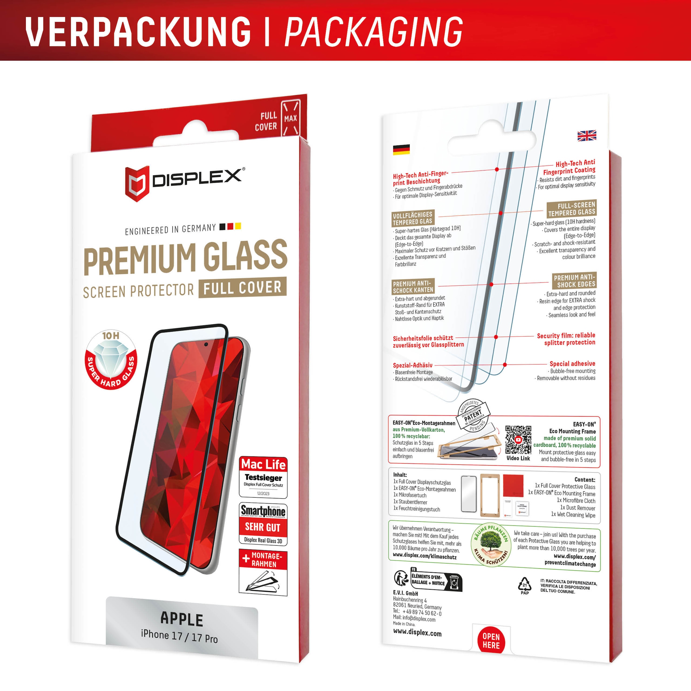 Displex Displayschutzglas »Premium Glass Screen Protector Full Cover« für Apple iPhone 17;Apple iPhone 17 Pro Displayschutzfolie, Schutzfolie, Bildschirmschutz, kratz- & stoßfest