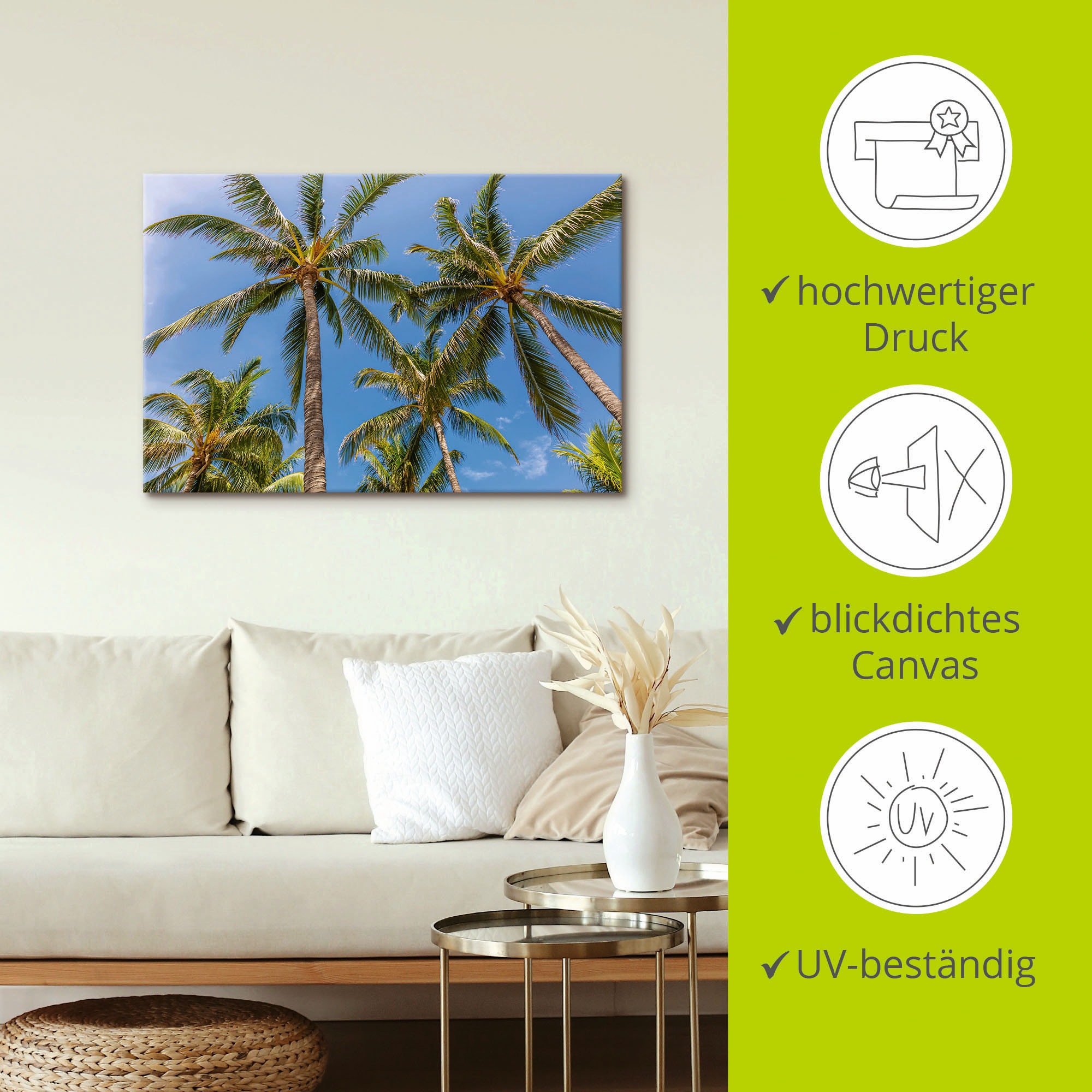 Artland Wandbild »Palmen am versch. Wandaufkleber (1 Leinwandbild, bestellen Strand«, in bequem Poster Größen Alubild, St.), oder als Strandbilder