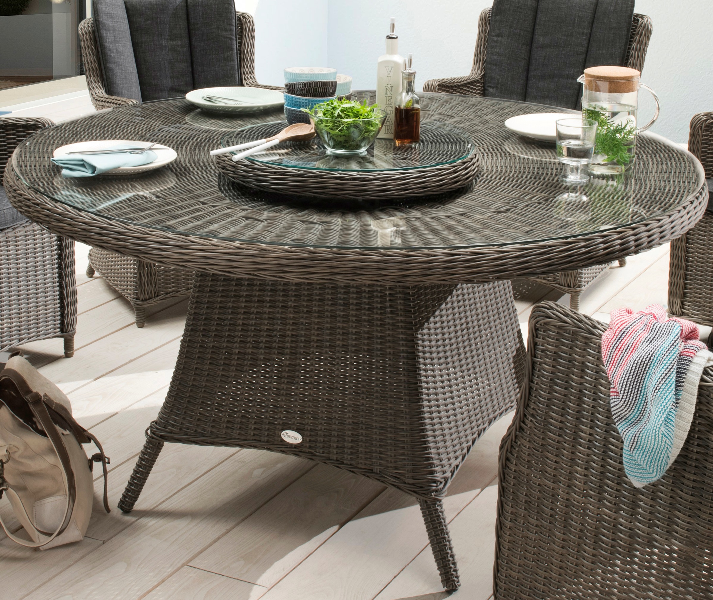 Destiny Garten-Essgruppe »LUNA«, (19 tlg., 6x Sessel, 1x Tisch, 1x Drehteller, inkl. Auflagen), Aluminium, Polyrattan
