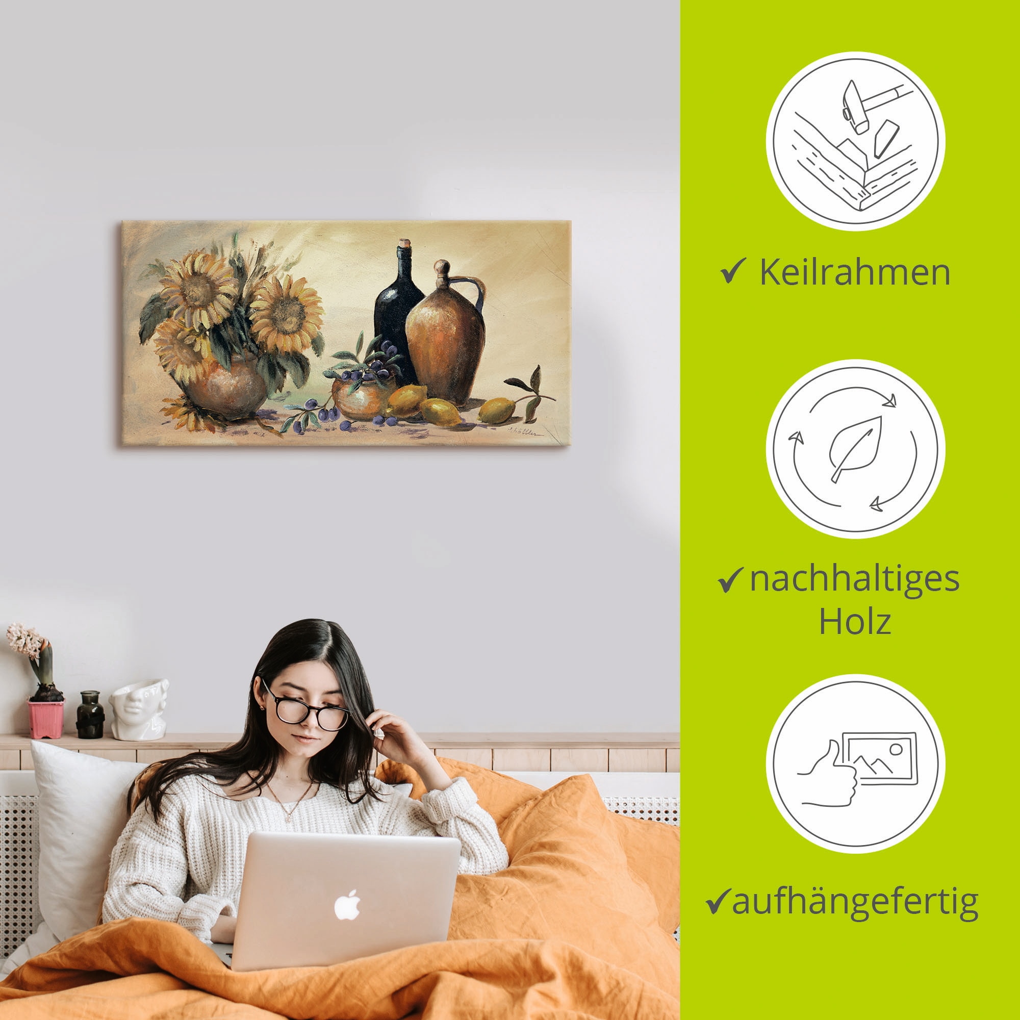 Artland Leinwandbild »Stillleben mit Sonnenblumen« Vasen & Töpfe 1 Stk. tlg. auf Holzrahmen gespannt