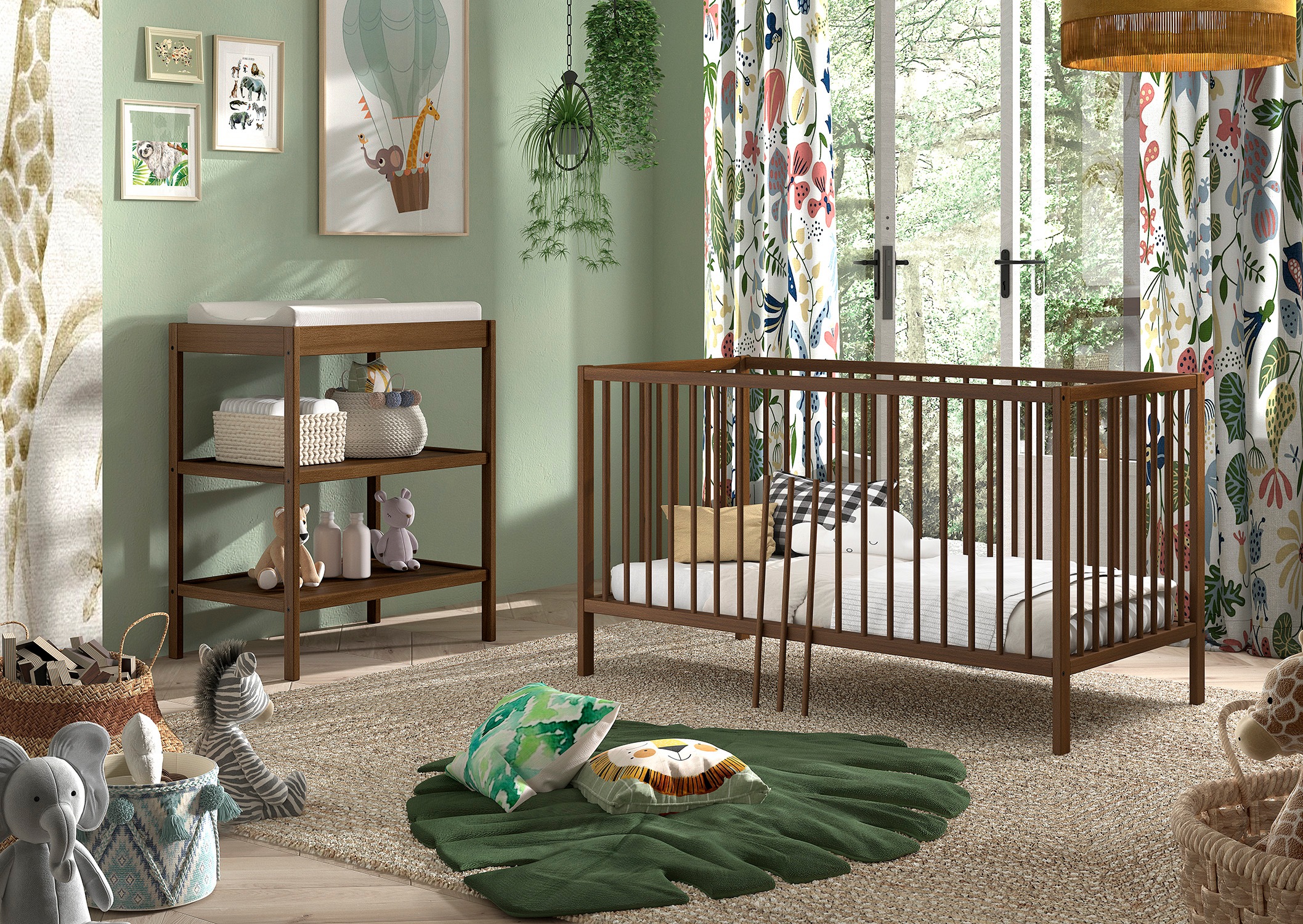 Vipack Babymöbel-Set »DINO, ideal für Ihr Kinderzimmer, Made in Europe, Buche massiv« best. aus Babybett 70/140 umbaubar zum Juniorbett u. Wickelregal, 2 tlg. Liegefläche 3-fach höhenverstellbar, Ausf. Buche Nussbaumfarbig