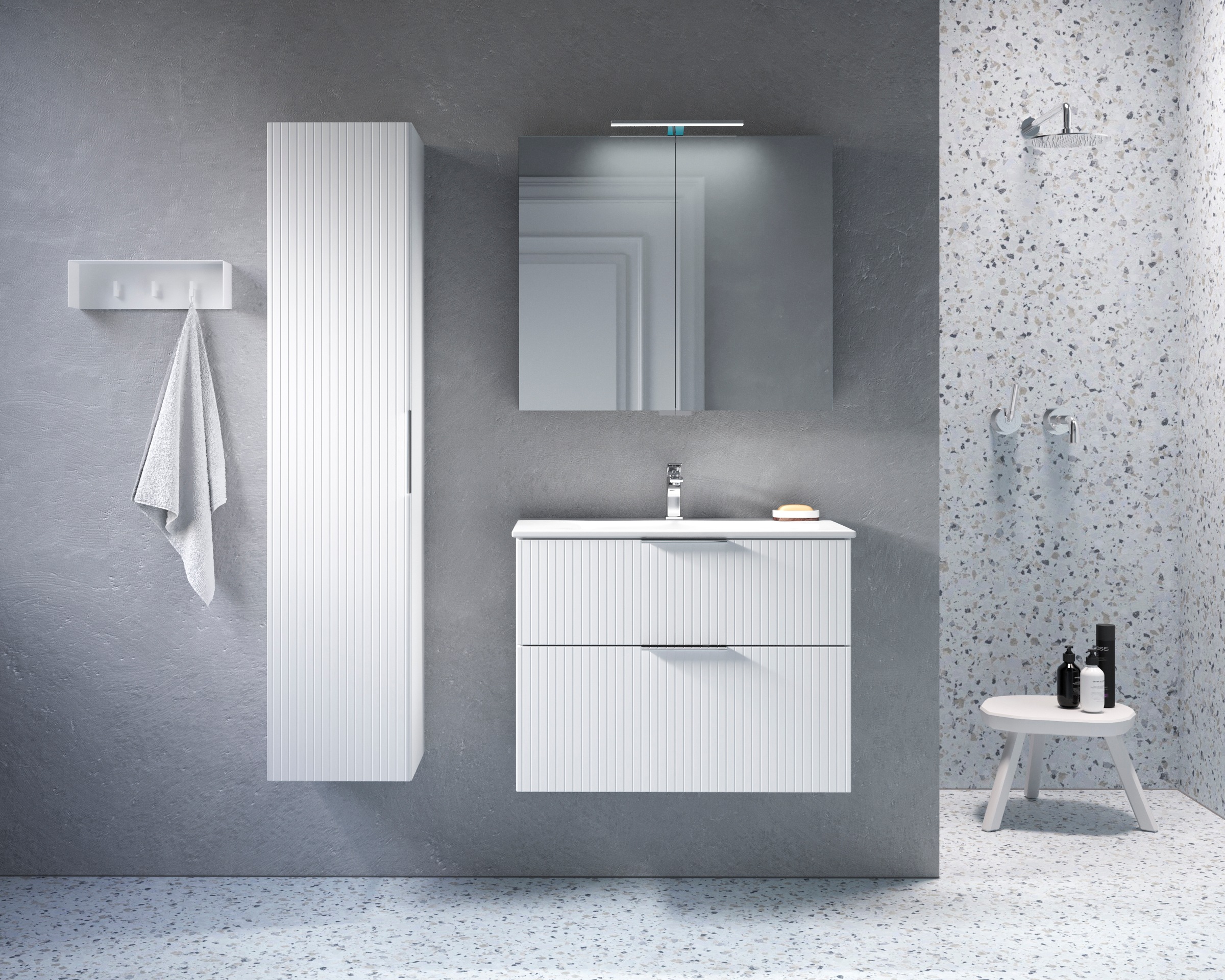 welltime Hochschrank »G-Line«, mit Rillentür, Chromgriff, Soft-Close-Funktion