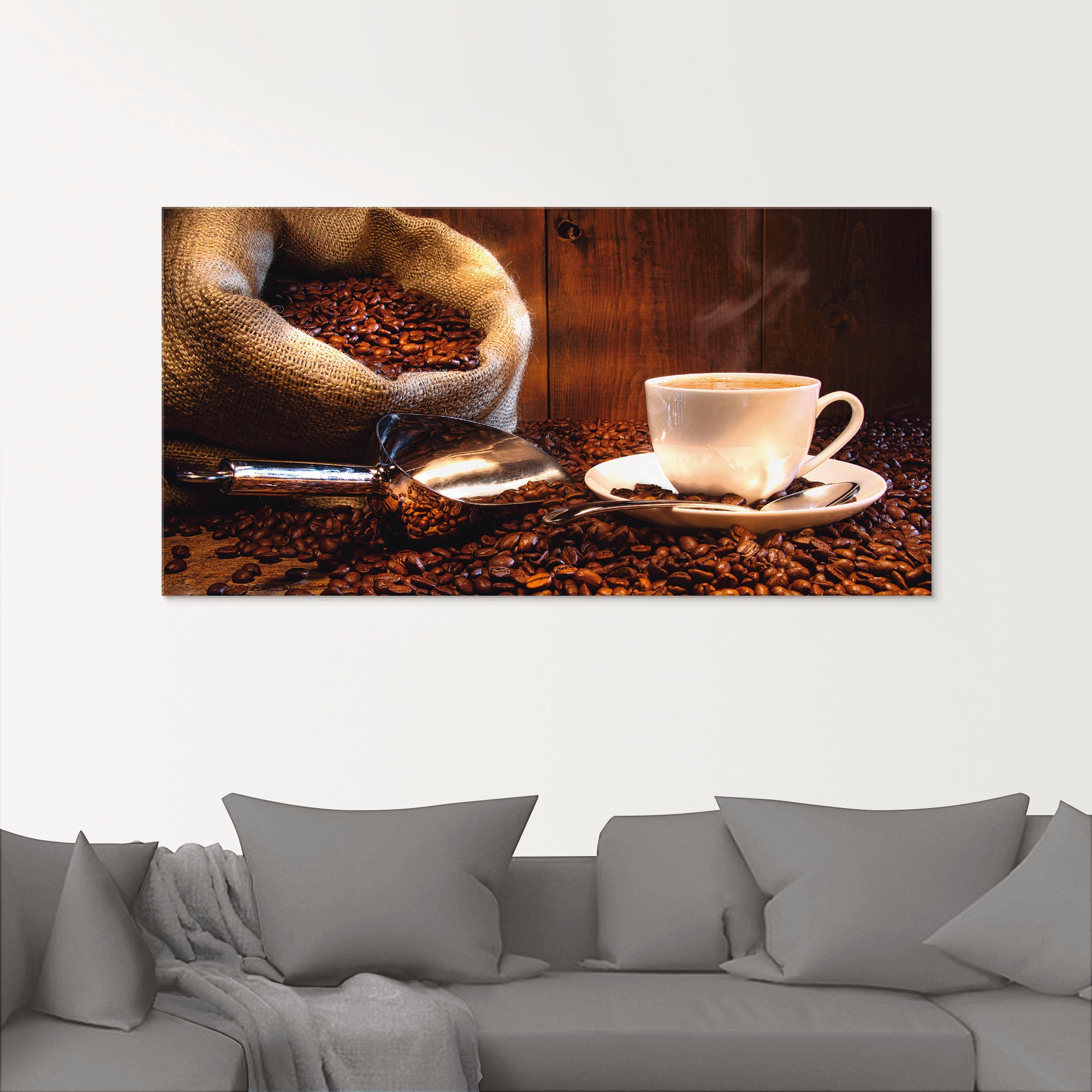 Artland Glasbild »Kaffeetasse und Leinensack auf Tisch«, Getränke, (1 St.), in verschiedenen Größen