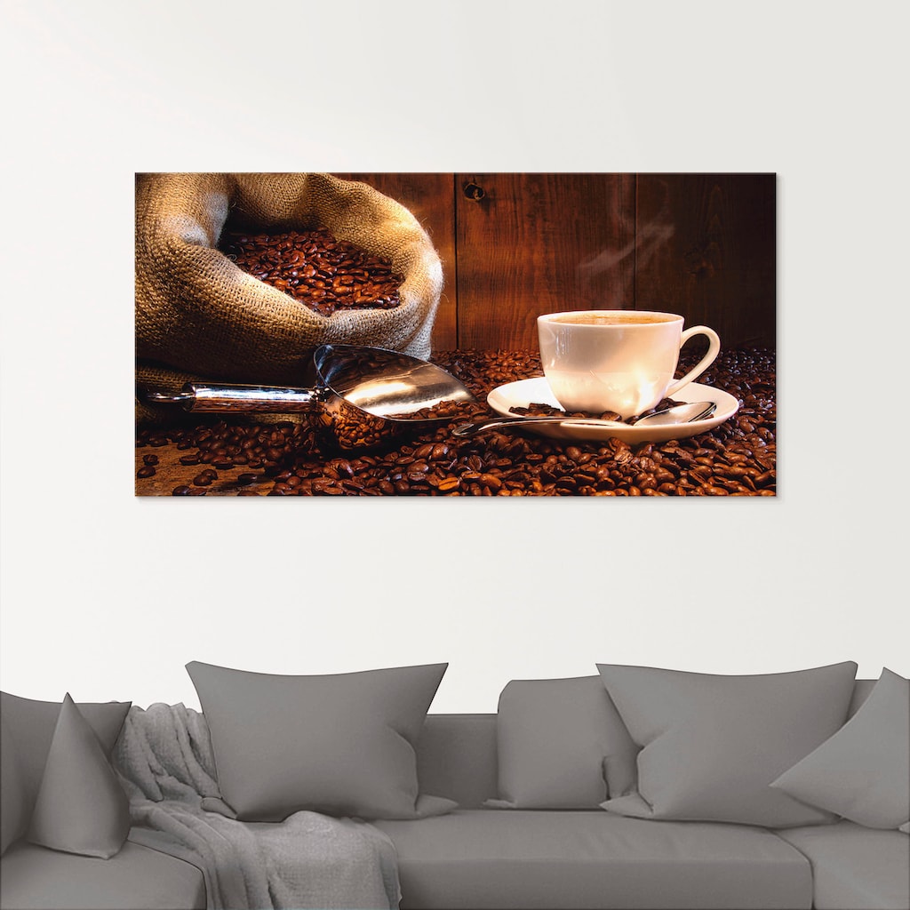 Artland Glasbild »Kaffeetasse und Leinensack auf Tisch«, Getränke, (1 St.)