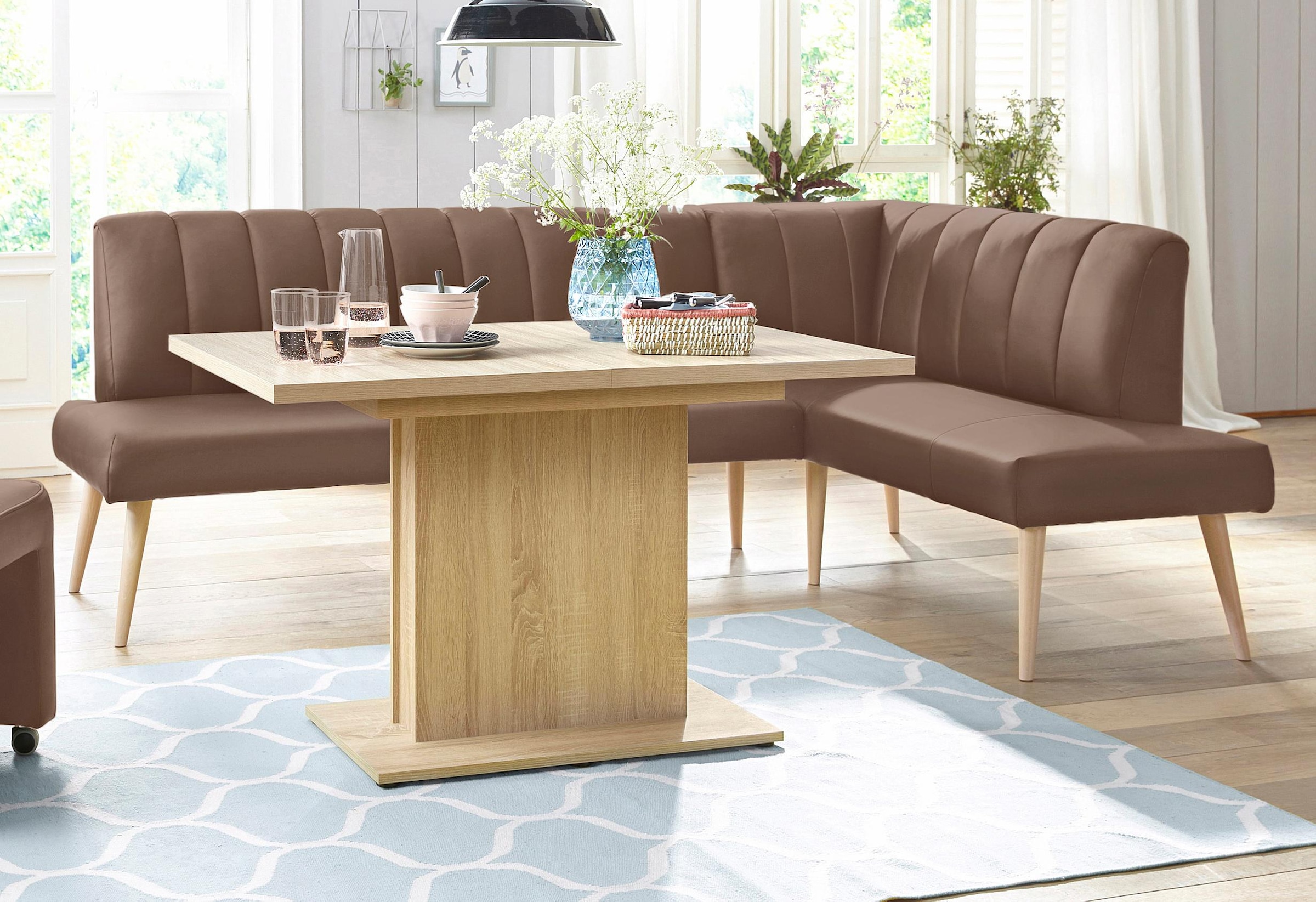 exxpo - sofa fashion Eckbank »Costa, moderne Rückensteppung, bequem und elegant, hoher Holzfuß« hochwertig verarbeitet, Frei im Raum stellbar