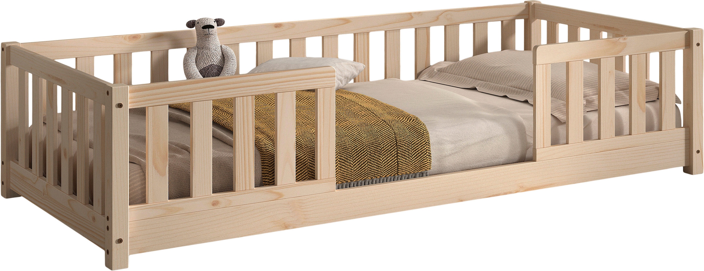 Vipack Kinderbett »Dallas, massiv Bett, Rausfallschutz, umbaubar vom Boden- zum Daybett« inkl. Rolllattenrost und Sprossenumrandung, 90 oder 140x200 cm breit,  stabil und standfest gebaut, wahlweise Kiefer massiv natur oder weiß