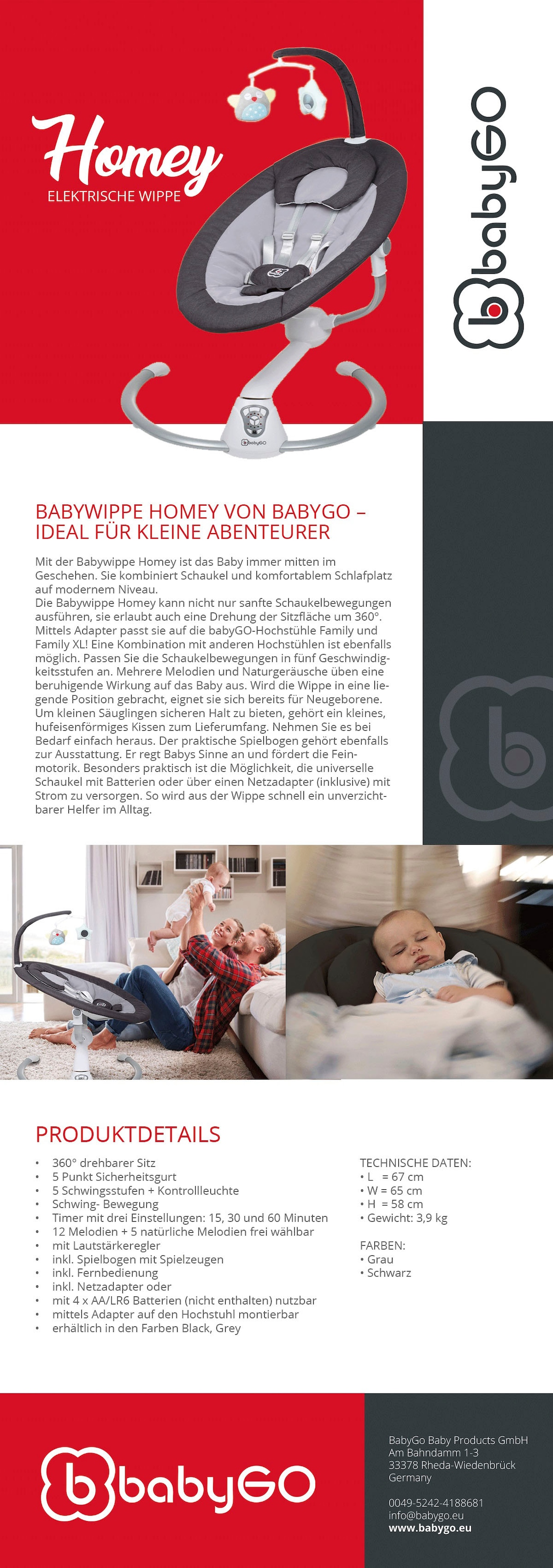 BabyGo Hochstuhl »Family Homey Set, schwarz/dunkelgrau«, mit elektrischer Babywippe inkl. Spielbogen