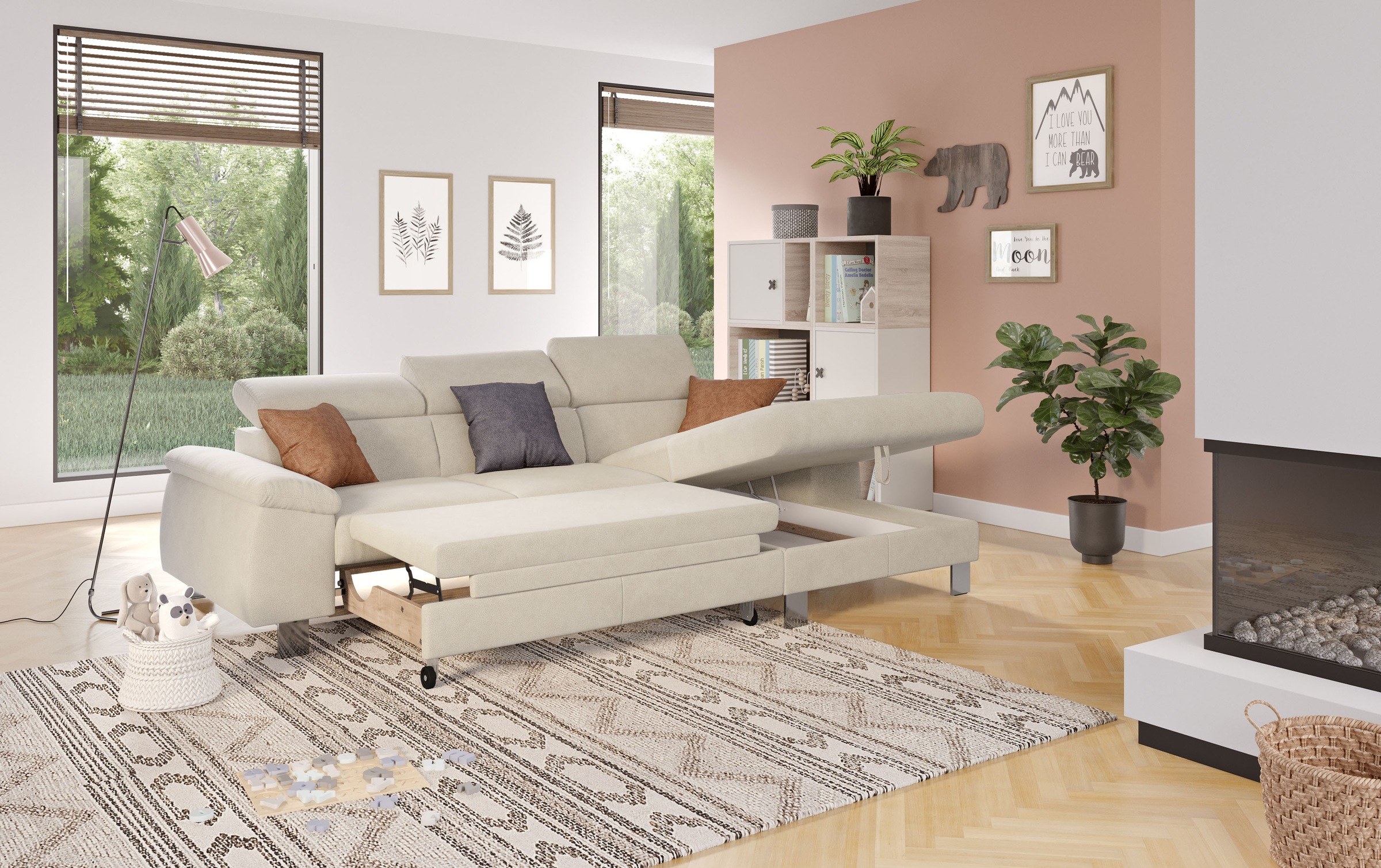 COTTA Ecksofa Komaris, Ecksofa, wahlweise mit RGB-LED-Beleuchtung und Bettfunktion/Bettkasten