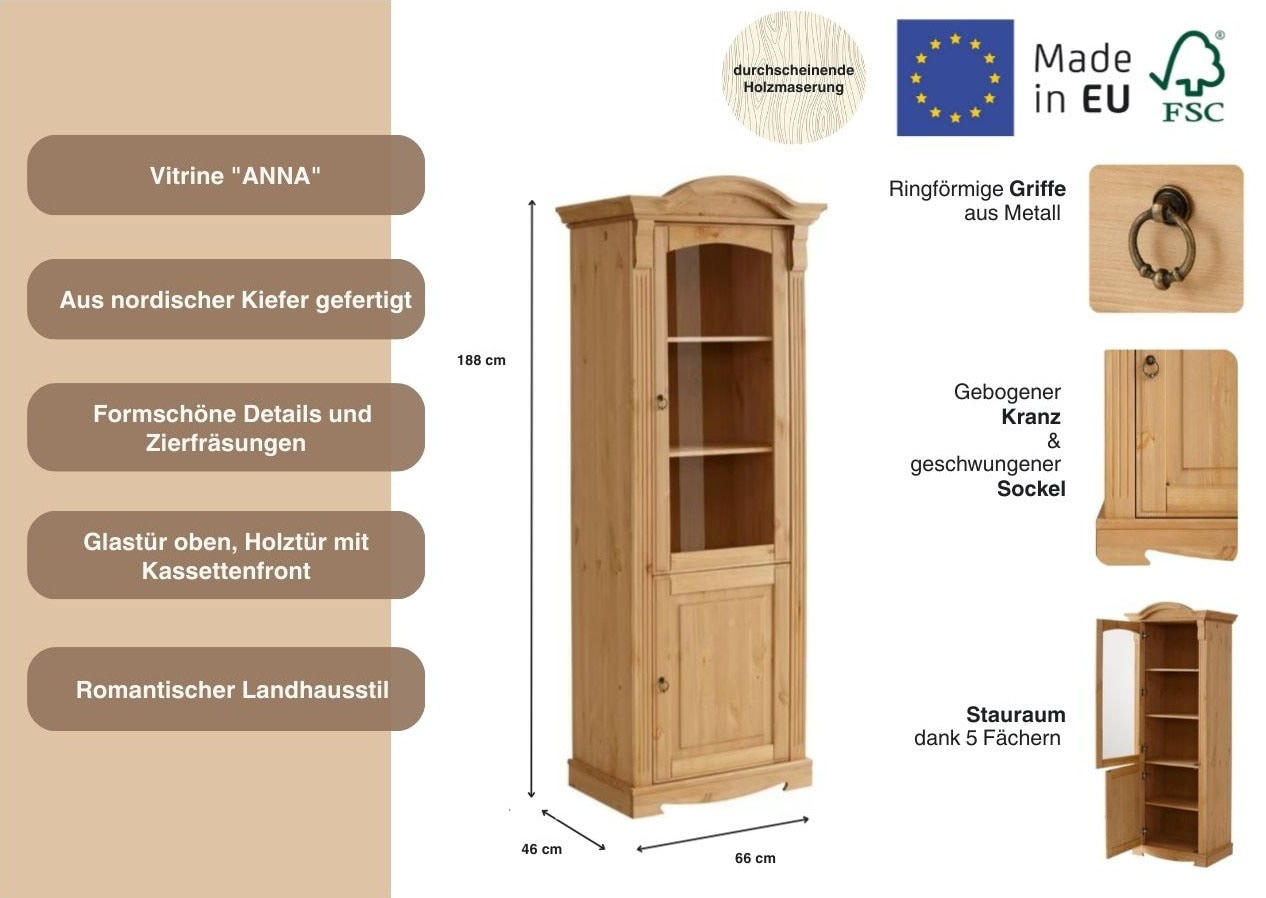 Home affaire Vitrine »Anna« Gesamtmaße (B/T/H): ca. 66/46/188 cm,  mit Glastür, Höhe 188 cm, Massivholz, mit Zierfräsungen, FSC®