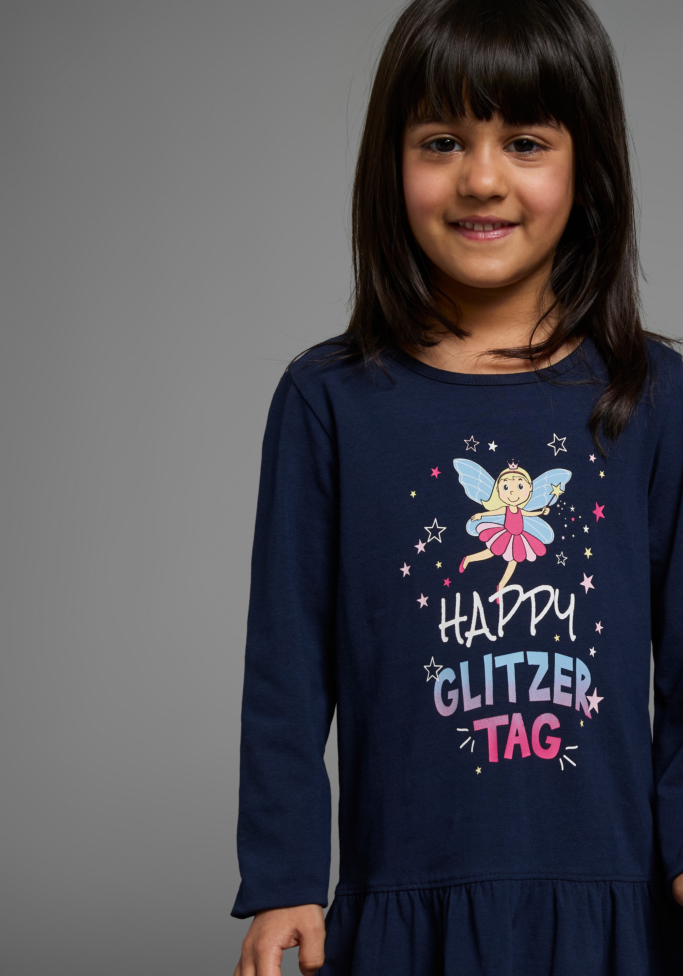 KIDSWORLD Jerseykleid »HAPPY GLITZER TAG«, kniefreie Länge, verspielter Look, aus Baumwollmischung