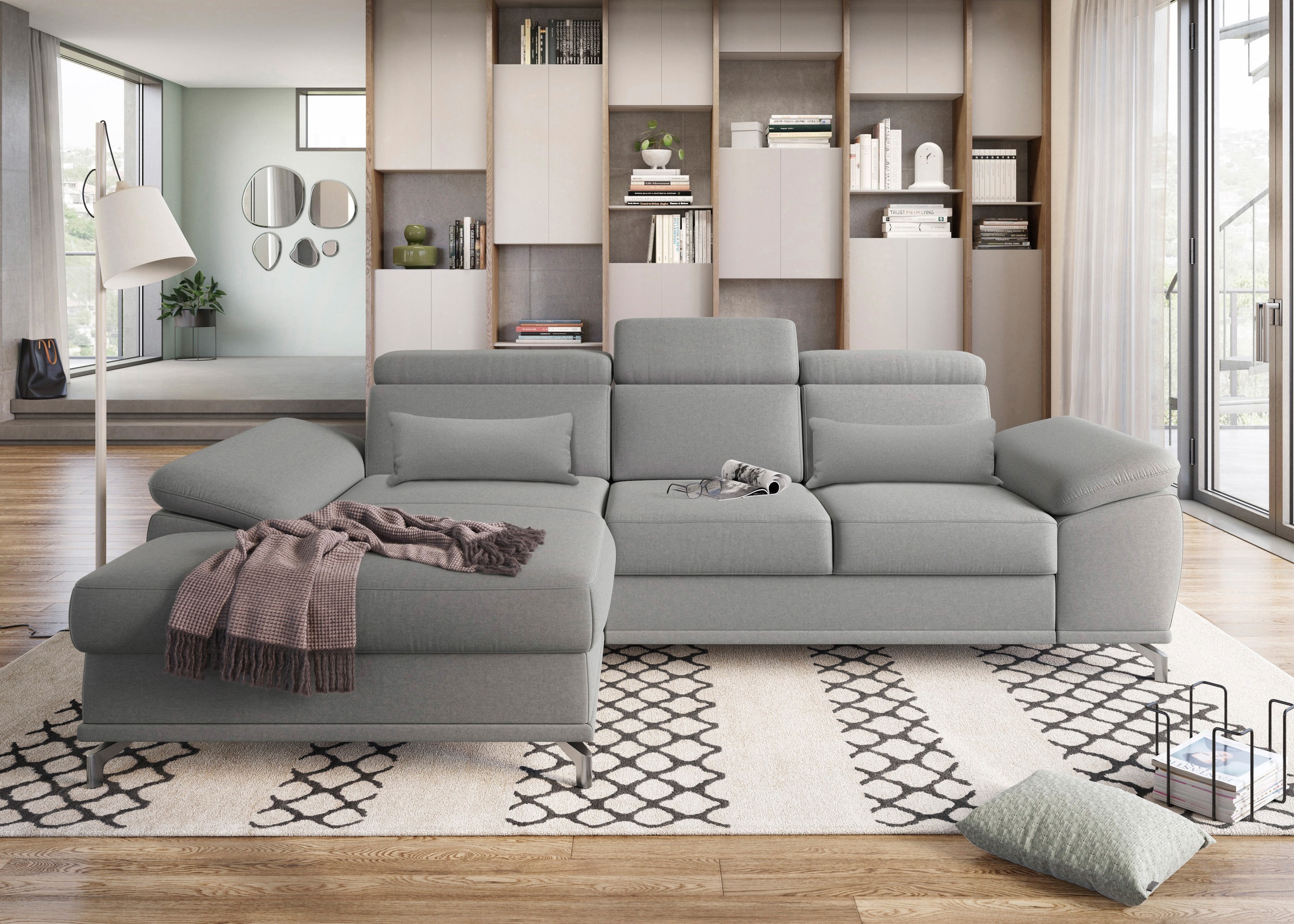 sit&more Ecksofa "Cabrio L-Form, B: 295 cm, mit Sitztiefen-, Arm- & Kopfteilverstellung" 2 Nierenkissen, Federkern, optional Schlaffunktion und Stauraum