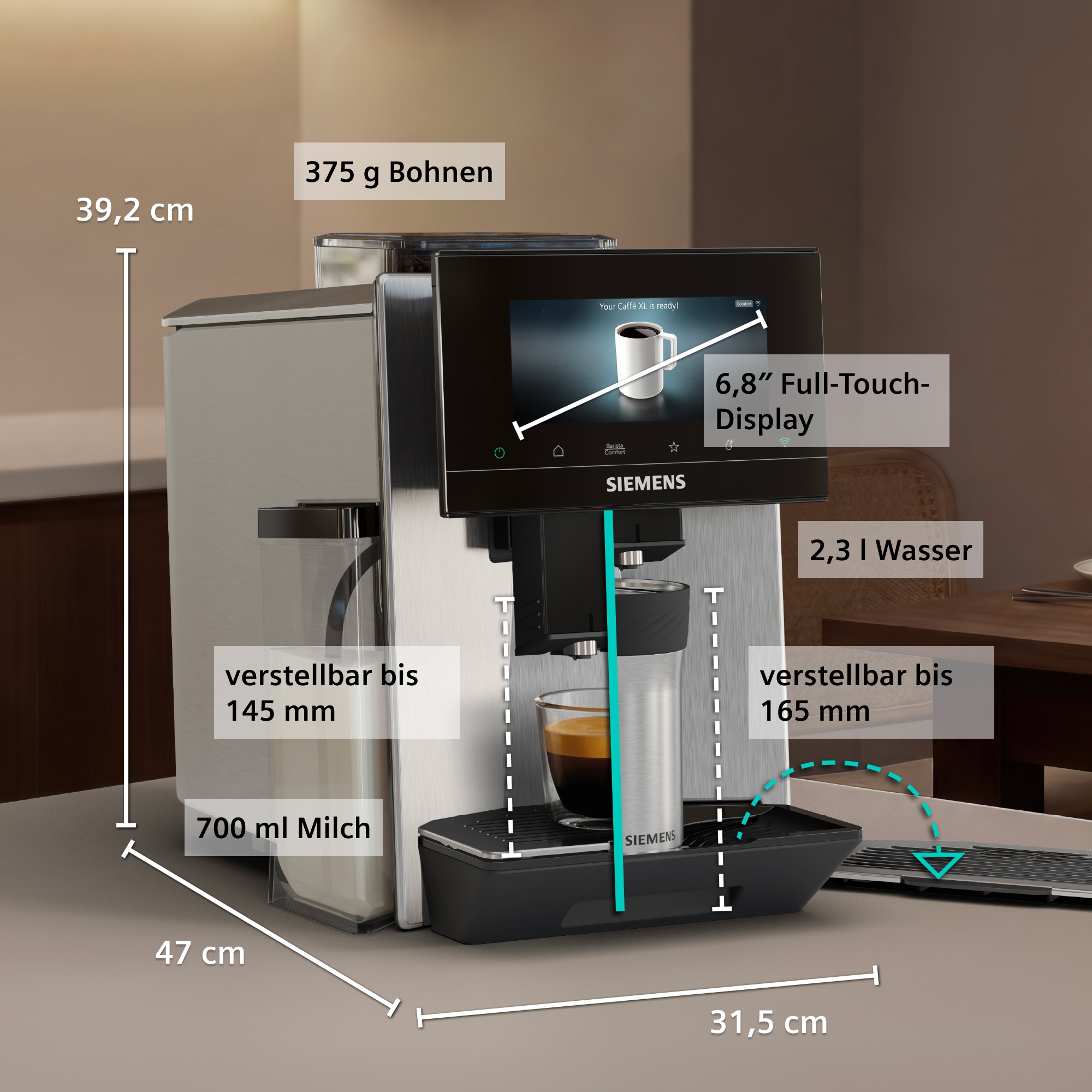 SIEMENS Kaffeevollautomat »EQ900 TQ923E03, 41 versch. Getränke, XL-Getränke, Doppeltassenfunktion« farbiges 6.8'' TFT-Display, individuelle Aromaeinstellung, Edelstahl