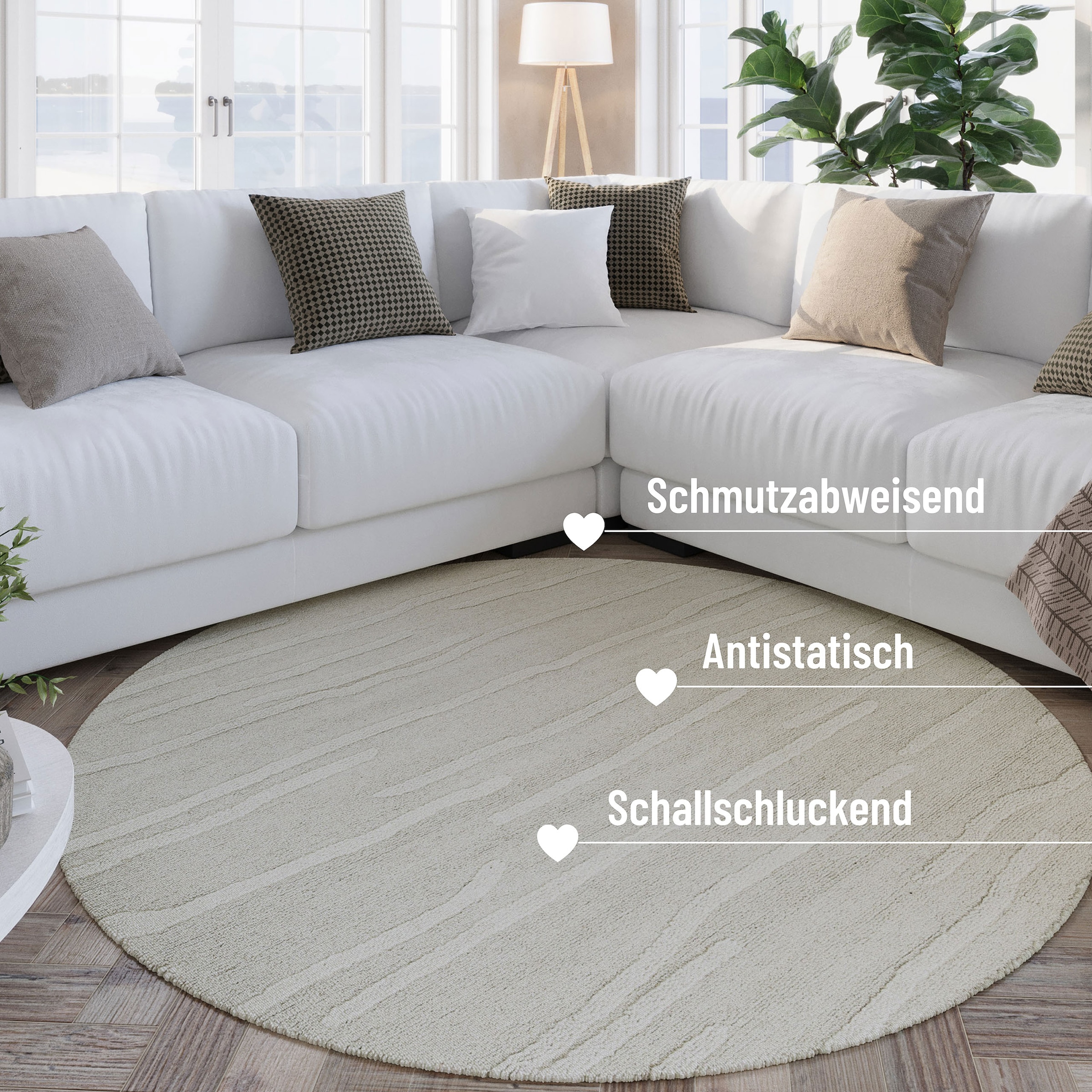 Wecon home Wollteppich »Hamptons TWENTY«, rund, 15 mm Höhe, Schurwolle, Kurzflor, Wohn- & Schlafzimmer, elegant, Streifen-Muster