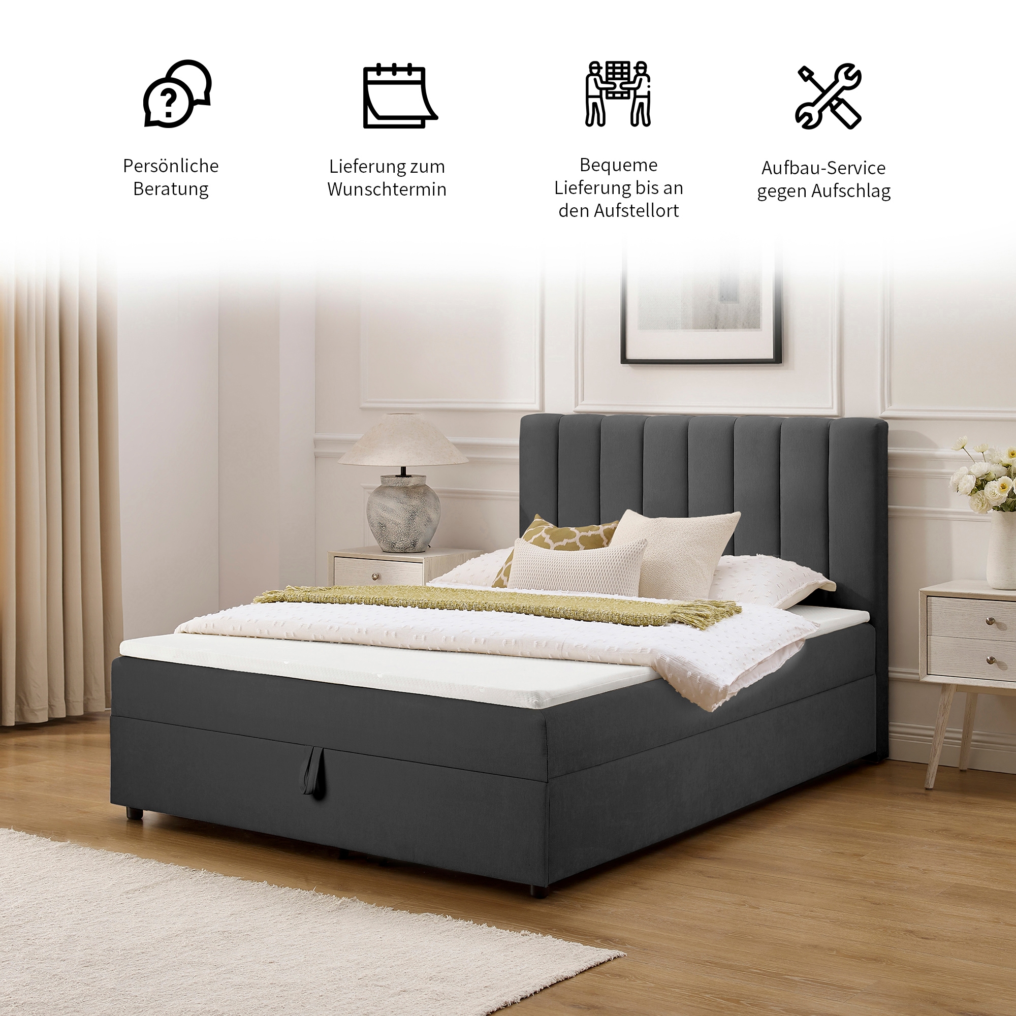 OTTO home Boxbett »HAILEYY, Polsterbett mit Bettkasten, inkl. Taschenfederkernmatratze H3« mit Kaltschaumtopper, Chenille-Bezug, 140x200 & 180x200 cm