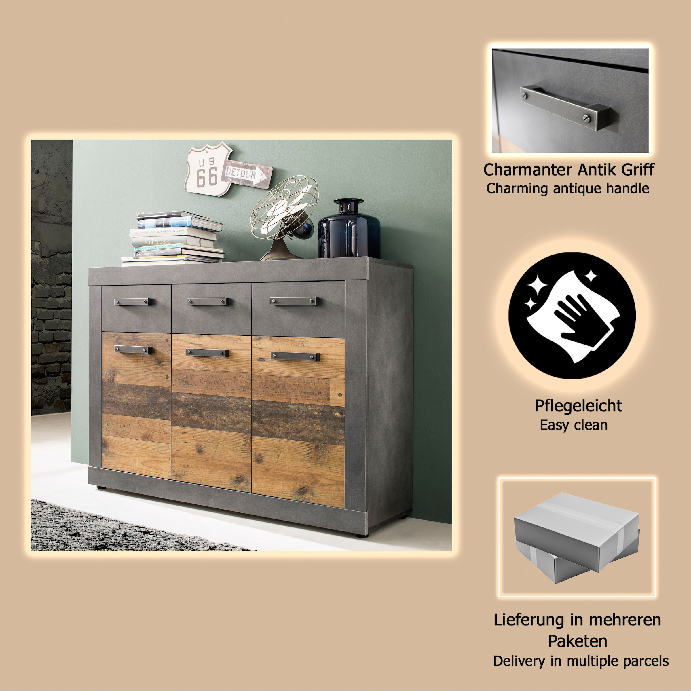 INOSIGN Kommode »Ilana« Kommode mit 3 Türen & 3 Schubladen - (B/T/H) 117/37/86 cm