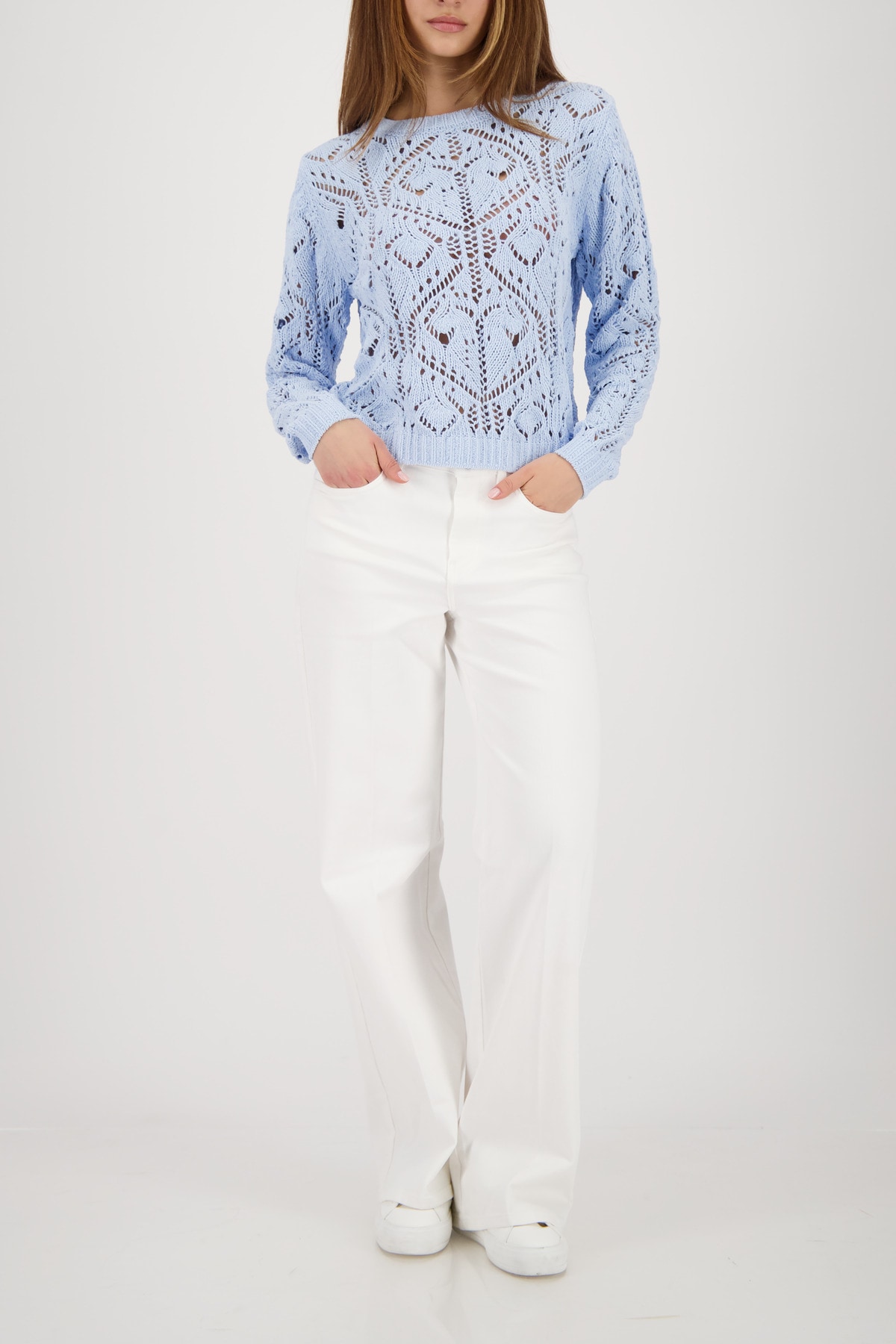 Monari Strickpullover »Ajour« Rundhalsausschnitt, Chenillegarn, Leicht überschnittene Schultern