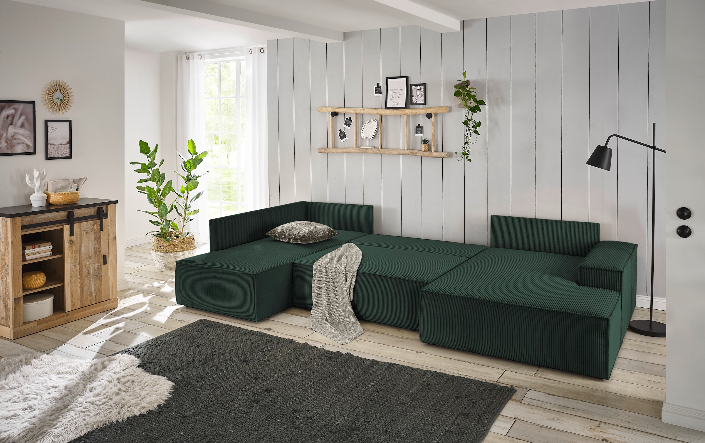 Home affaire Wohnlandschaft »SHERWOOD 329 cm, U-Form, Schlafsofa,«, Schlaffunktion m. Bettkasten (194x139 cm), Cord, Vintage, Samtvelours
