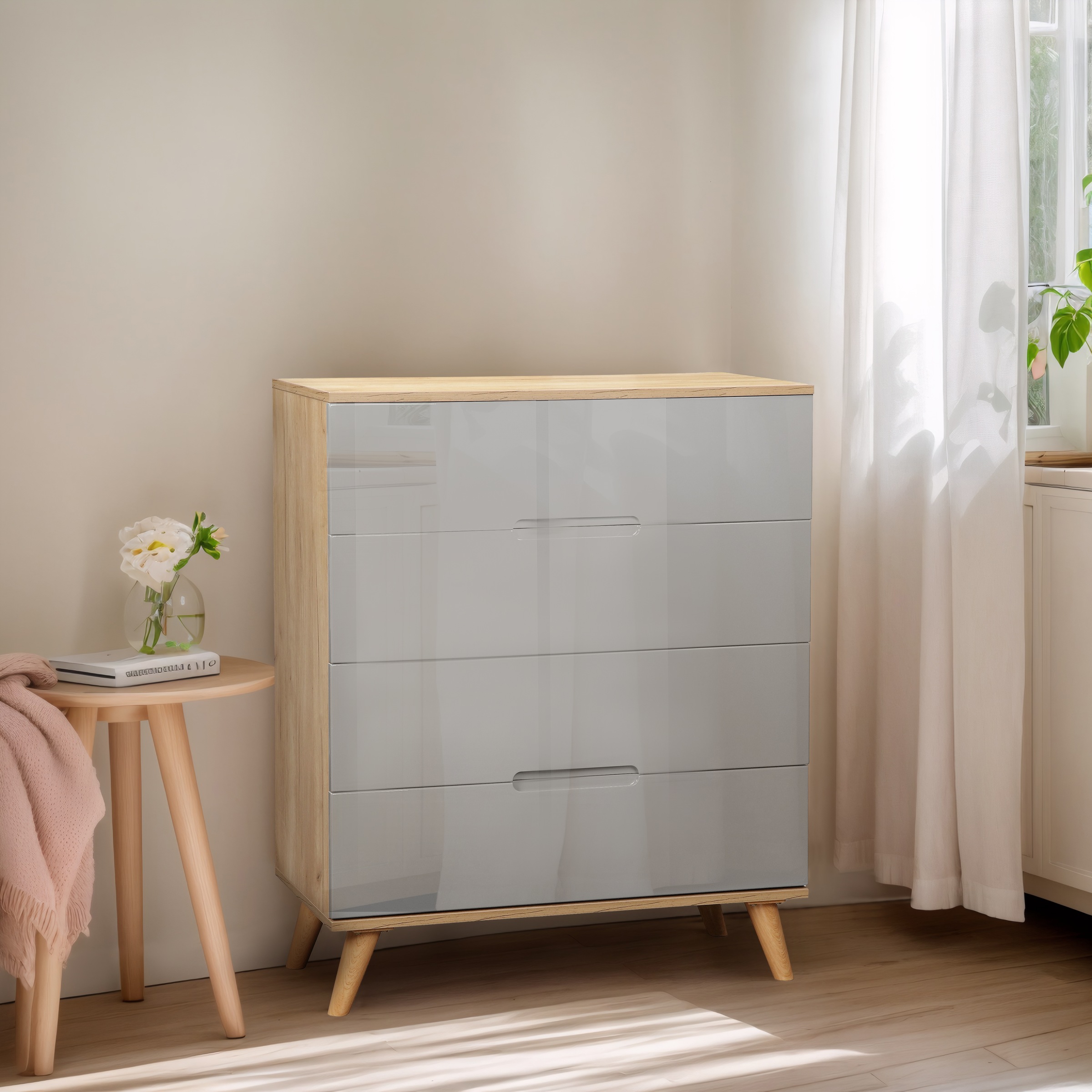 OTTO home Schubkastenkommode "Lund Schlafzimmerschrank Wäscheschrank mit hochglänzenden Fronten" Kommode mit 4 Schubladen für viel Stauraum, Schlafzimmerkommode Bestseller im skandinavischem Design