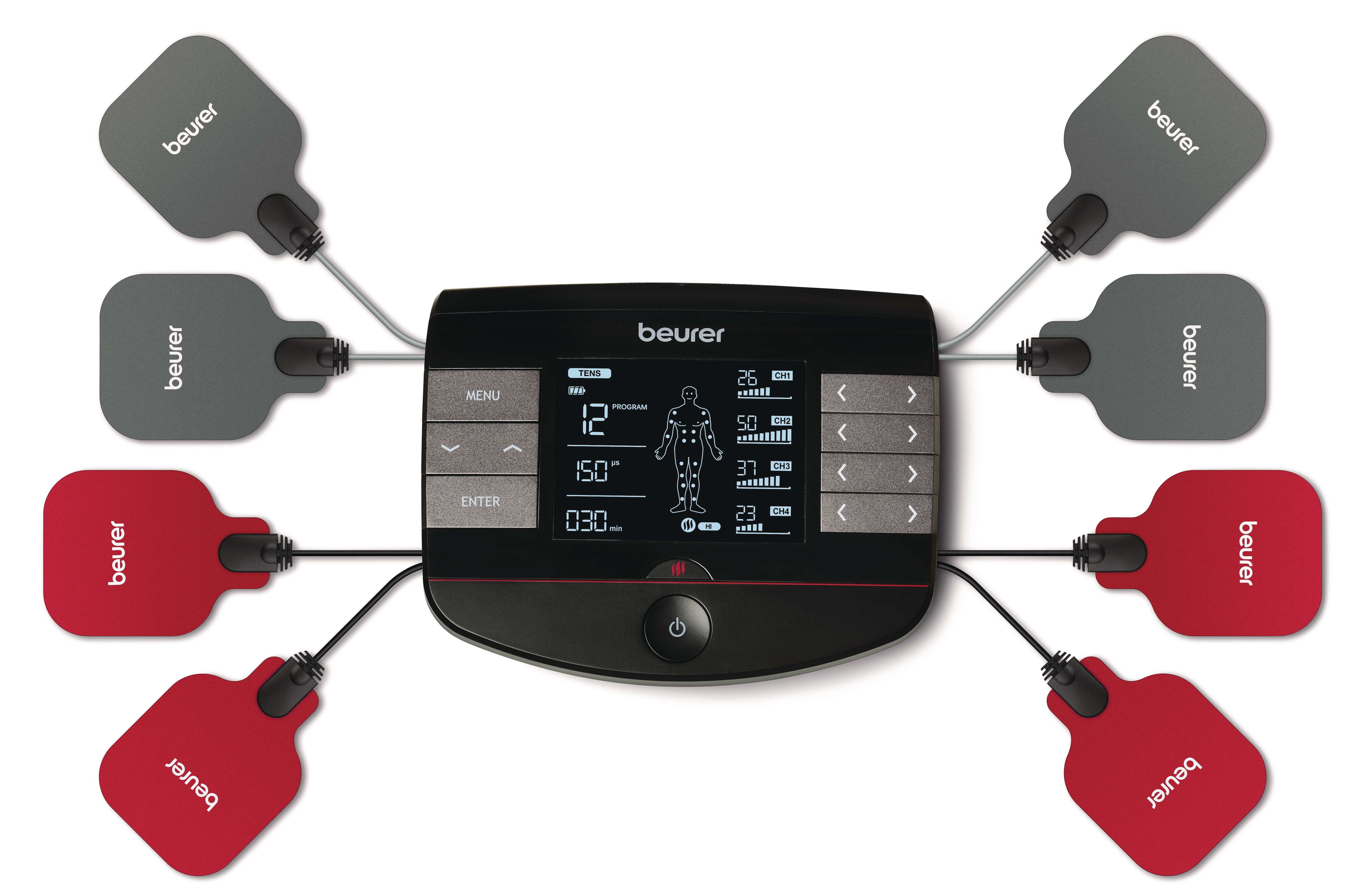 BEURER TENS-EMS-Gerät "EM 89 in 4-in-1 Funktion: TENS, EMS, Massage, Wärme" Mit 8 Elektroden für eine großflächige Anwendung auch am Rücken
