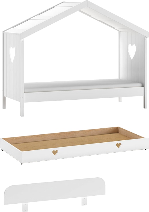Vipack Hausbett »Amori, inkl. Dach, Rückseitig offen, mit Rolllattenrost«, (B/H/T ca. 213x171,7x98,7cm, verspielte Herz-Ausschnitte seitlich), wahlweise, mit oder ohne Schublade und Absturzschutz, weiß lackiert