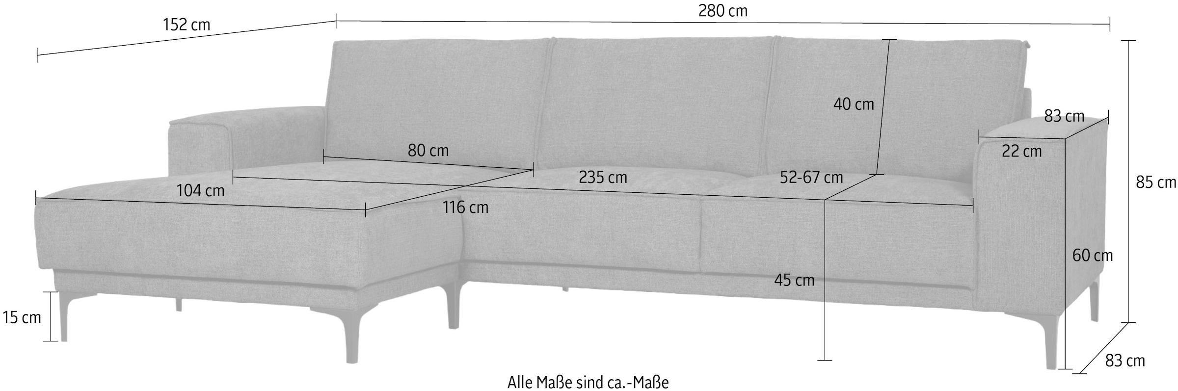 OTTO home Ecksofa »Polsterecke, Sofa, Oland mit modernem Chenille-Bezug« L-Form, 280 cm, Wellenunterfederung, Skandi-Design, Metallfüße