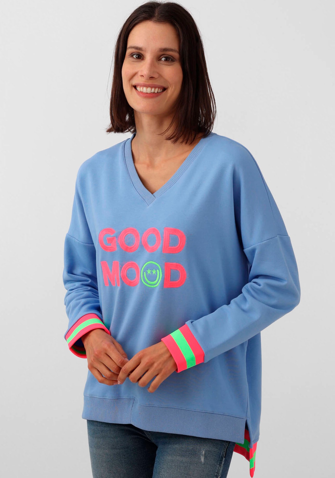 Sweatshirt »Dana«, mit V-Ausschnitt, Frontprint, Vokuhila Schnitt, neonfarben