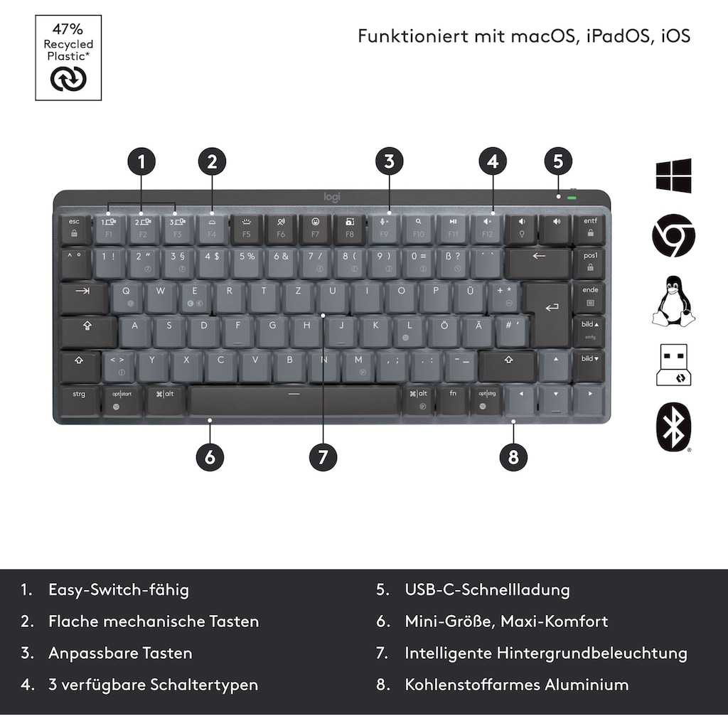 Logitech Tastatur »MX Mechanische kabellose Mini-Tastatur mit Beleuchtung«, (Easy-Switch-Funktionstasten-Multimedia-Tasten-USB-Anschluss)