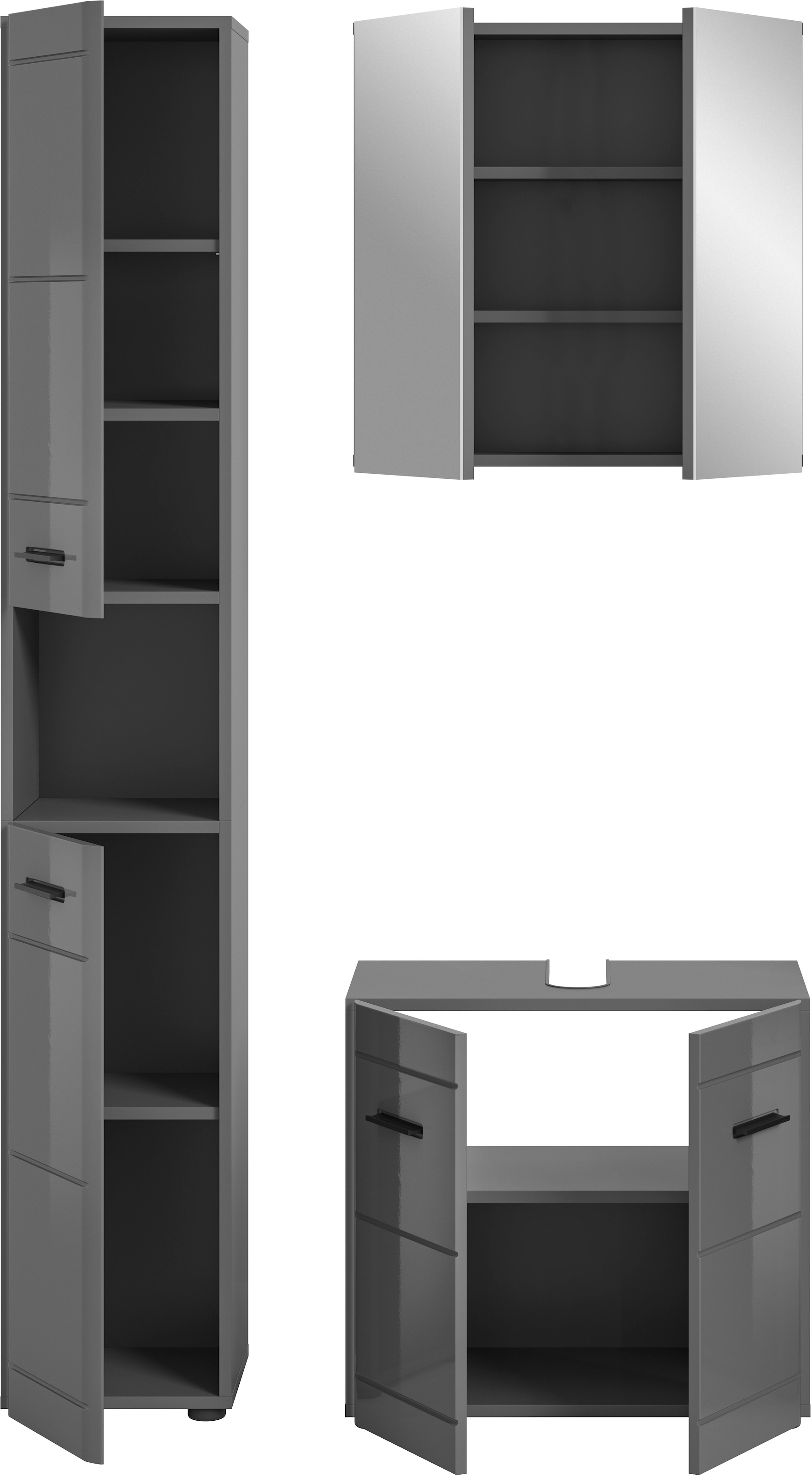welltime Badmöbel-Set »Doux, bestehend aus: Hochschrank, Waschbeckenunterschrank,«, (3 St.), Spiegelschrank, hochwertige hochglanz MDF Front mit Rillenfräsung