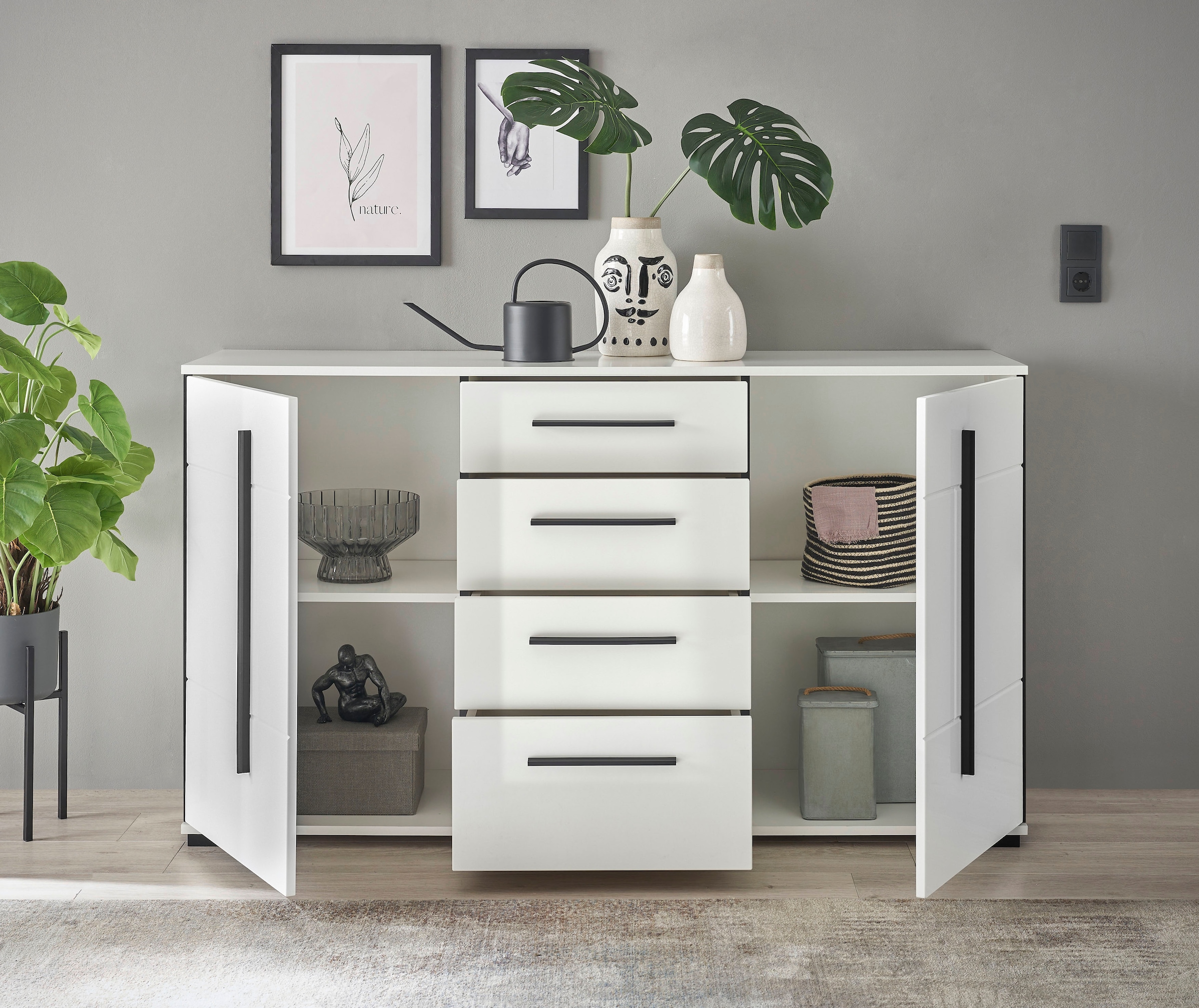 Home affaire Sideboard »Cantara, moderner Schrank, Kommode in Eiche Evoke oder weiß« schwarze Stangengriffe, ausreichend Stauraum, vielseitig einsetzbar
