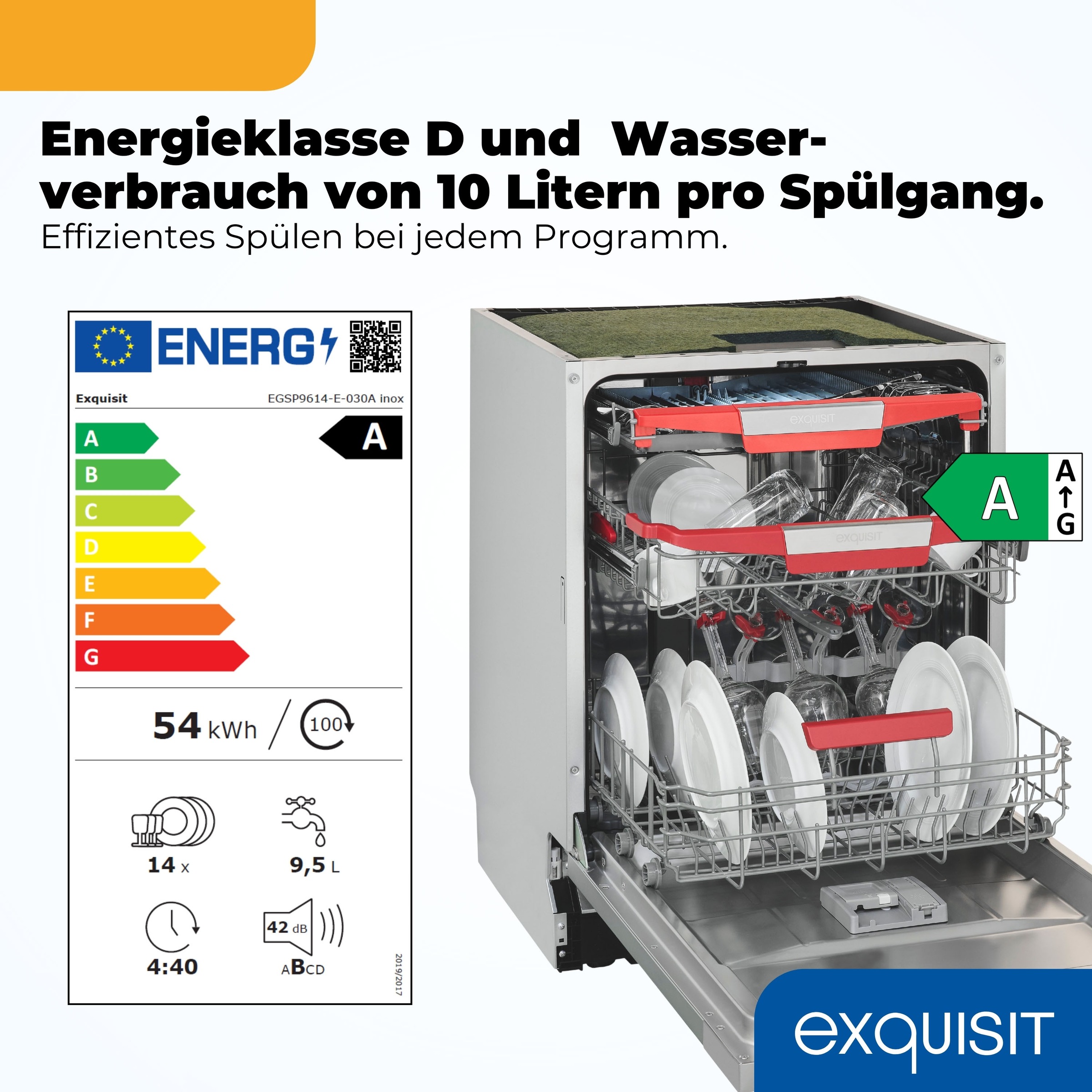 exquisit vollintegrierbarer Geschirrspüler 9614 »EGSP9614-E-030A inox« 9,5 l 14 tlg. Maßgedecke 14 Maßgedecke & flüsterleise 42 dB – stark und angenehm ruhig