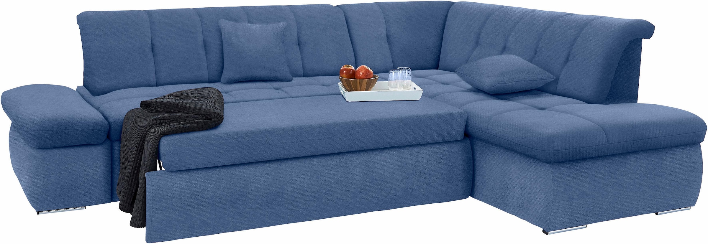DOMO collection Ecksofa »NMoric incl. Zierkissen B/T/H: 273/216/80 cm L-Form«, Ottomanen-Abschluss, wahlweise mit Bettfunktion und Armlehnverstellung