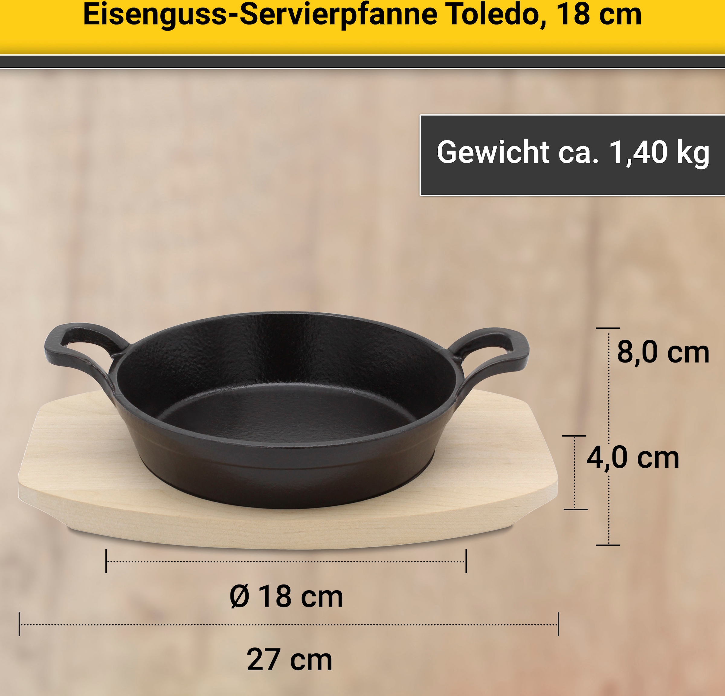 Krüger Servierpfanne »Eisenguss Brat- und Servierpfanne mit Holzteller TOLEDO, 18 cm«, Gusseisen, (1 tlg.), für Induktions-Kochfelder geeignet