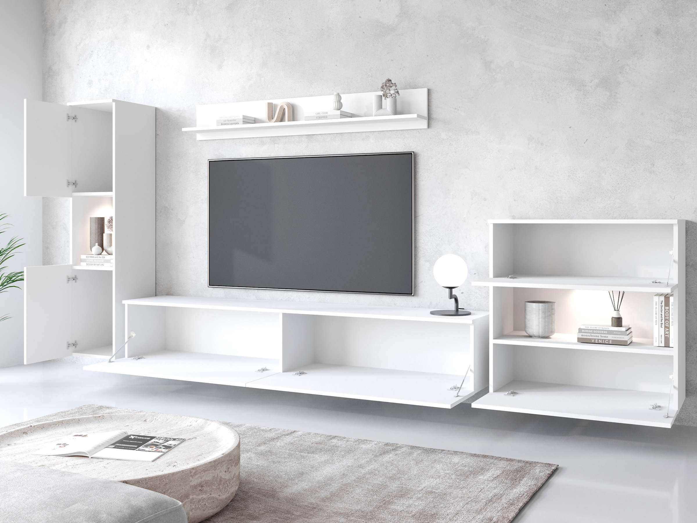 INOSIGN Wohnwand »PARIS, Vitrine Türanschlag links/rechts wechselbar«, (Komplett-Set, 4 St.), grifflose Design, stehend und hängend montierbar