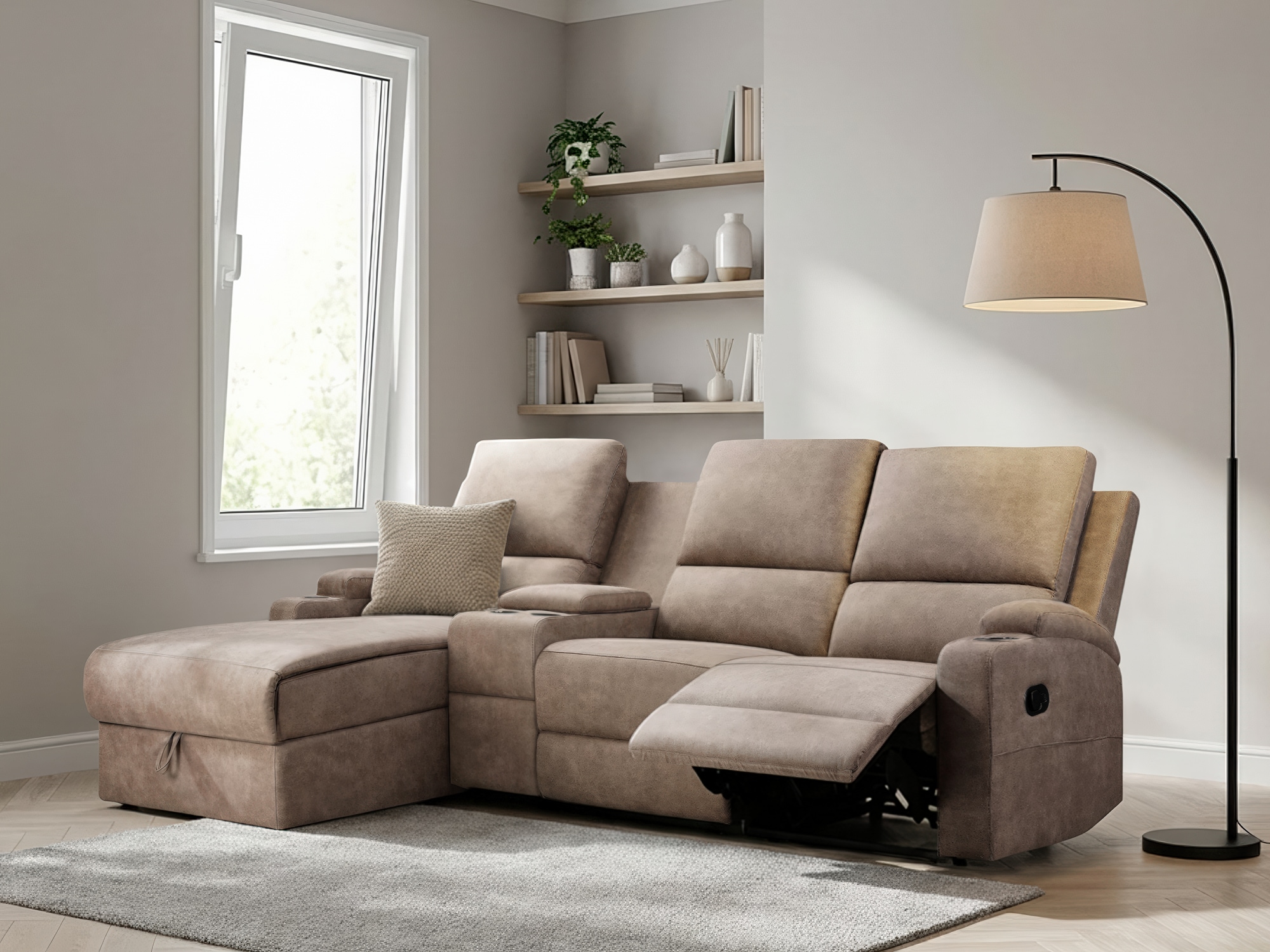 OTTO home Ecksofa »NAPORI Microfaser, Multimediasofa, 3er Kinosessel XXL, L-Form« Kinosofa, manuelle o. elektr. Relaxfunktion, Staufach, Getränkehalter