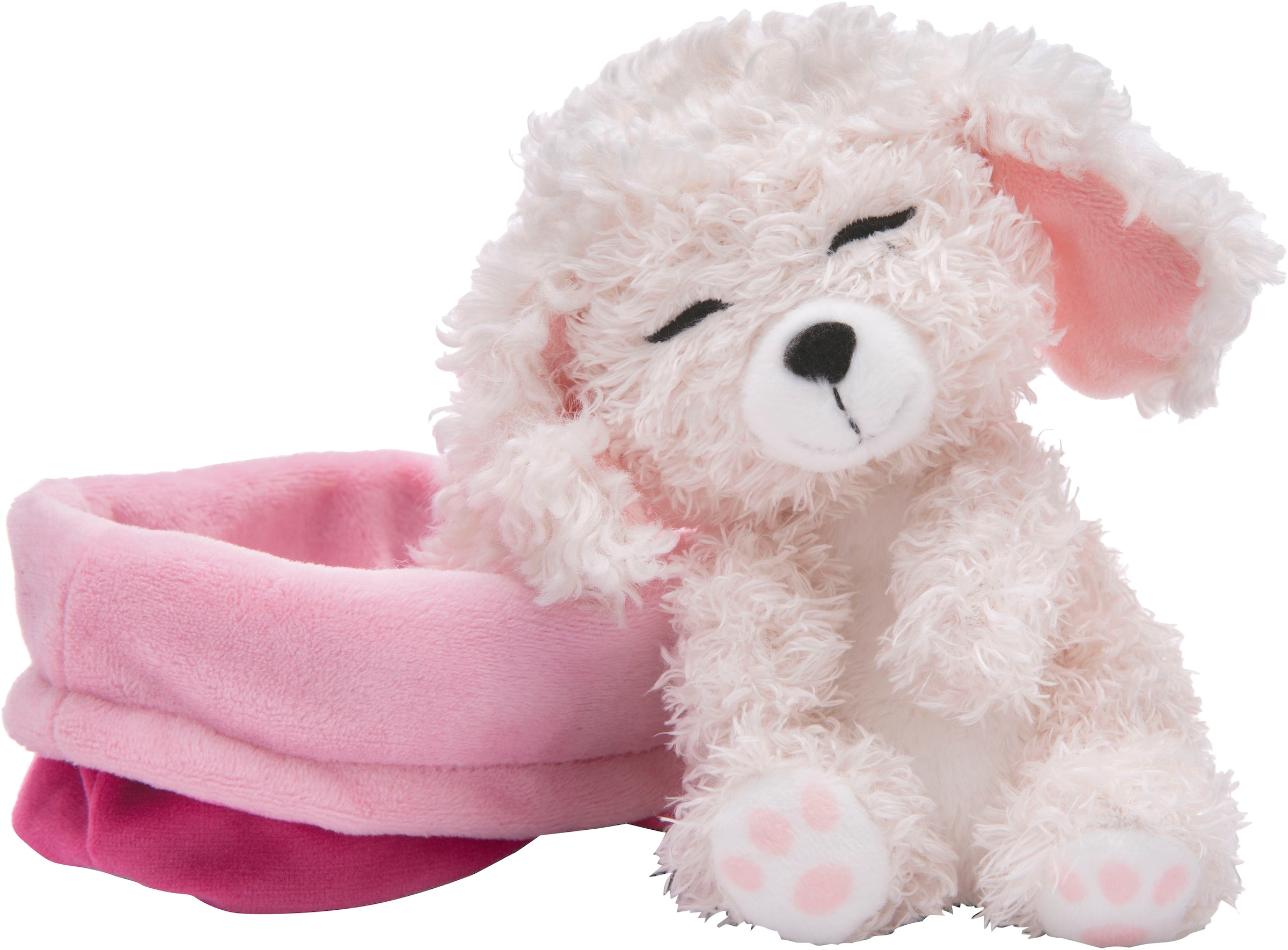 Nici Kuscheltier »Sleeping Pets, Hund Pudel, 12 cm«, im Körbchen, enthält recyceltes Material (Global Recycled Standard)