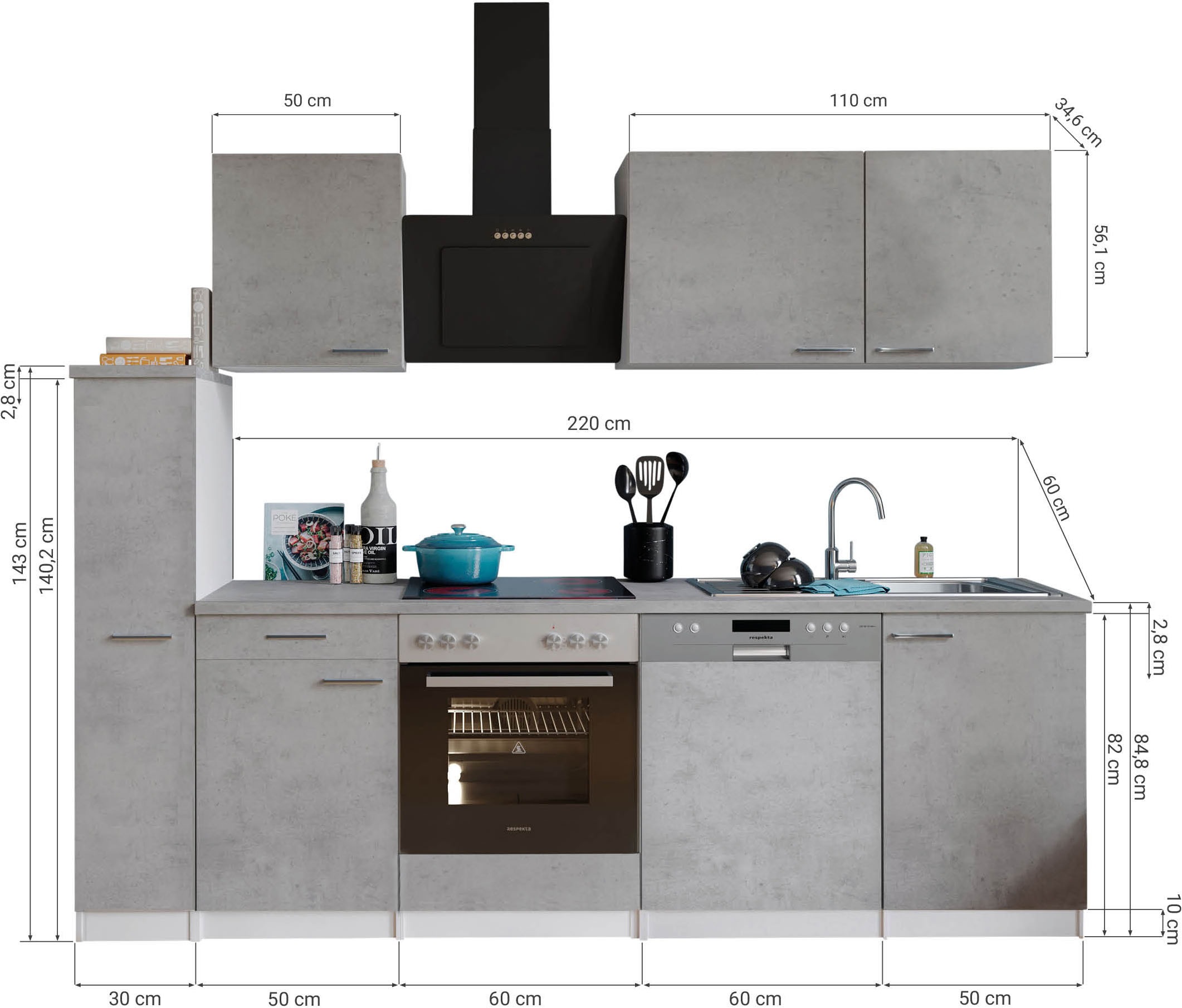 RESPEKTA Küchenzeile »Malia« Breite 250 cm, 85 cm Arbeitshöhe, in exklusiver Konfiguration für OTTO