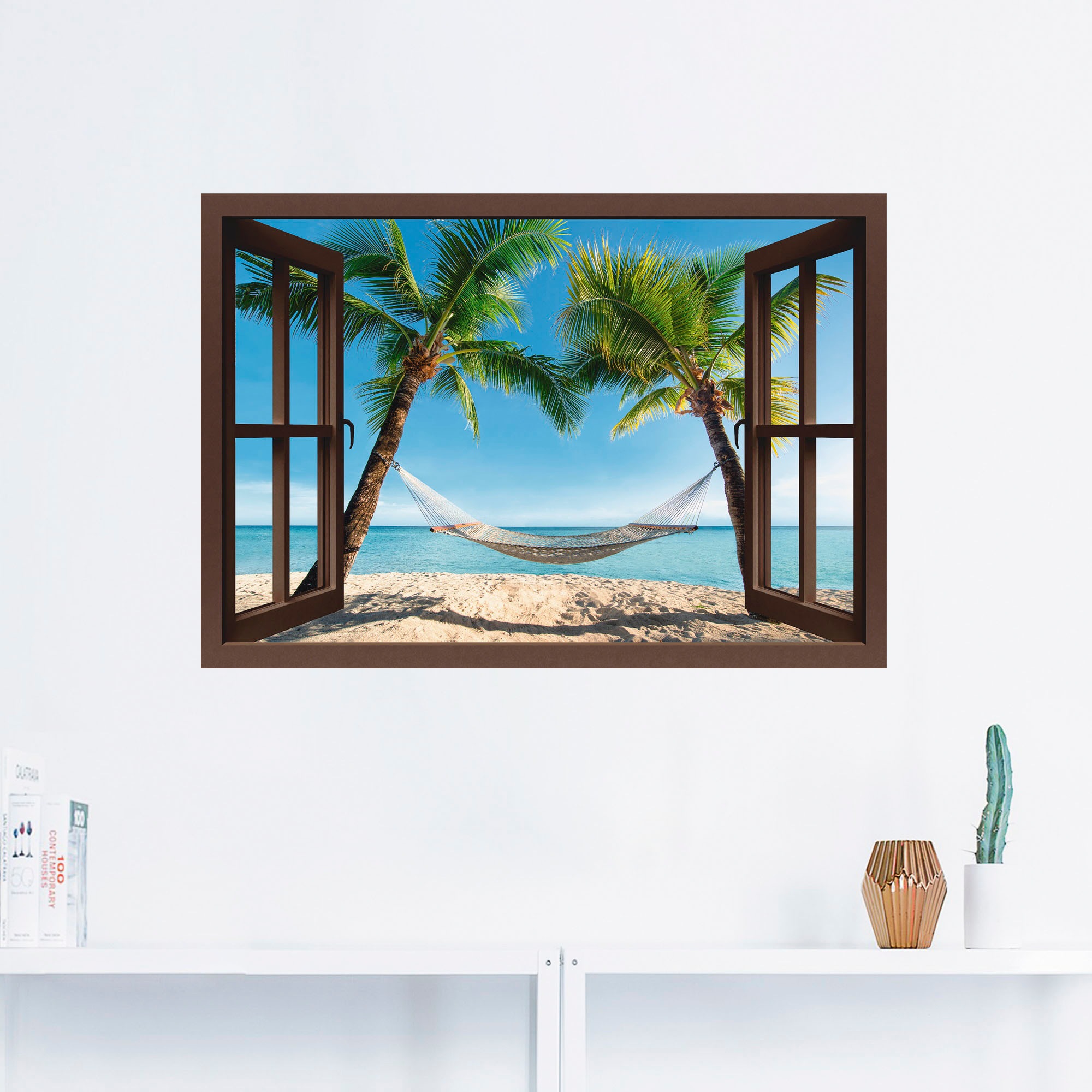 Artland Wandbild »Fensterblick Palmenstrand Karibik«, Amerika, (1 St.), als Leinwandbild, Poster, Wandaufkleber in verschied. Größen