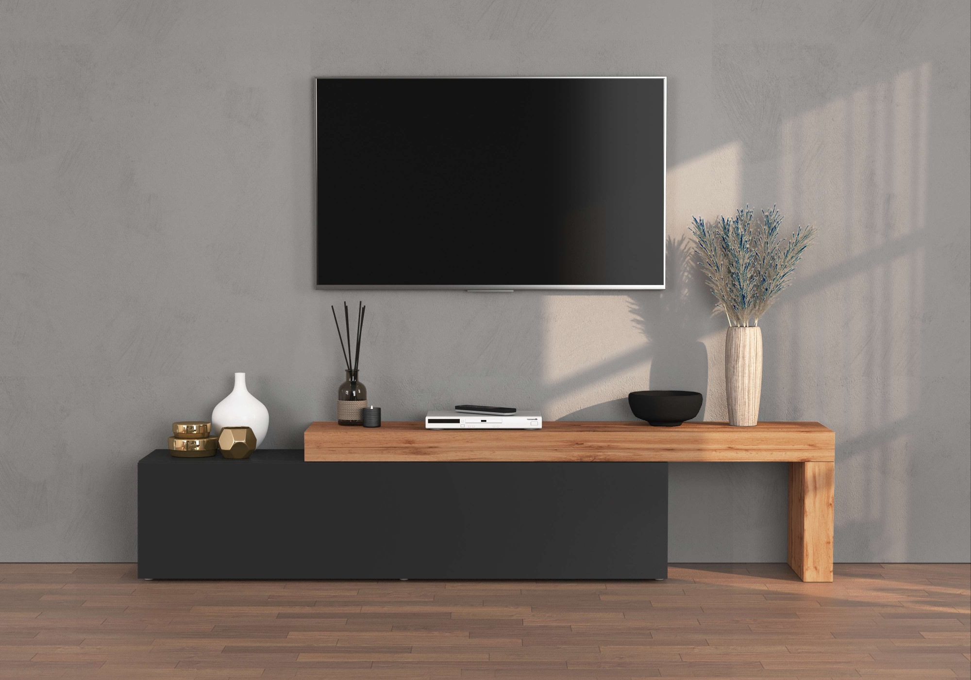 INOSIGN Lowboard »Chronos TV-Board, TV-Schrank«, (1 St., Breite verstellbar von 190 bis 350 cm), Breite 270 cm TV-Board,Lowboard,1 Klappe und ein L-Förmiger Aufsatz