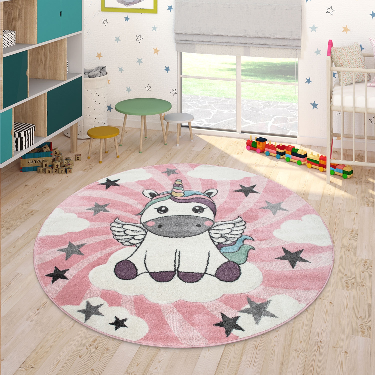 Paco Home Kinderteppich »Cosmo 395«, rund, 3D-Design, niedliches Einhorn Motiv, Pastell-Farben, Kinderzimmer