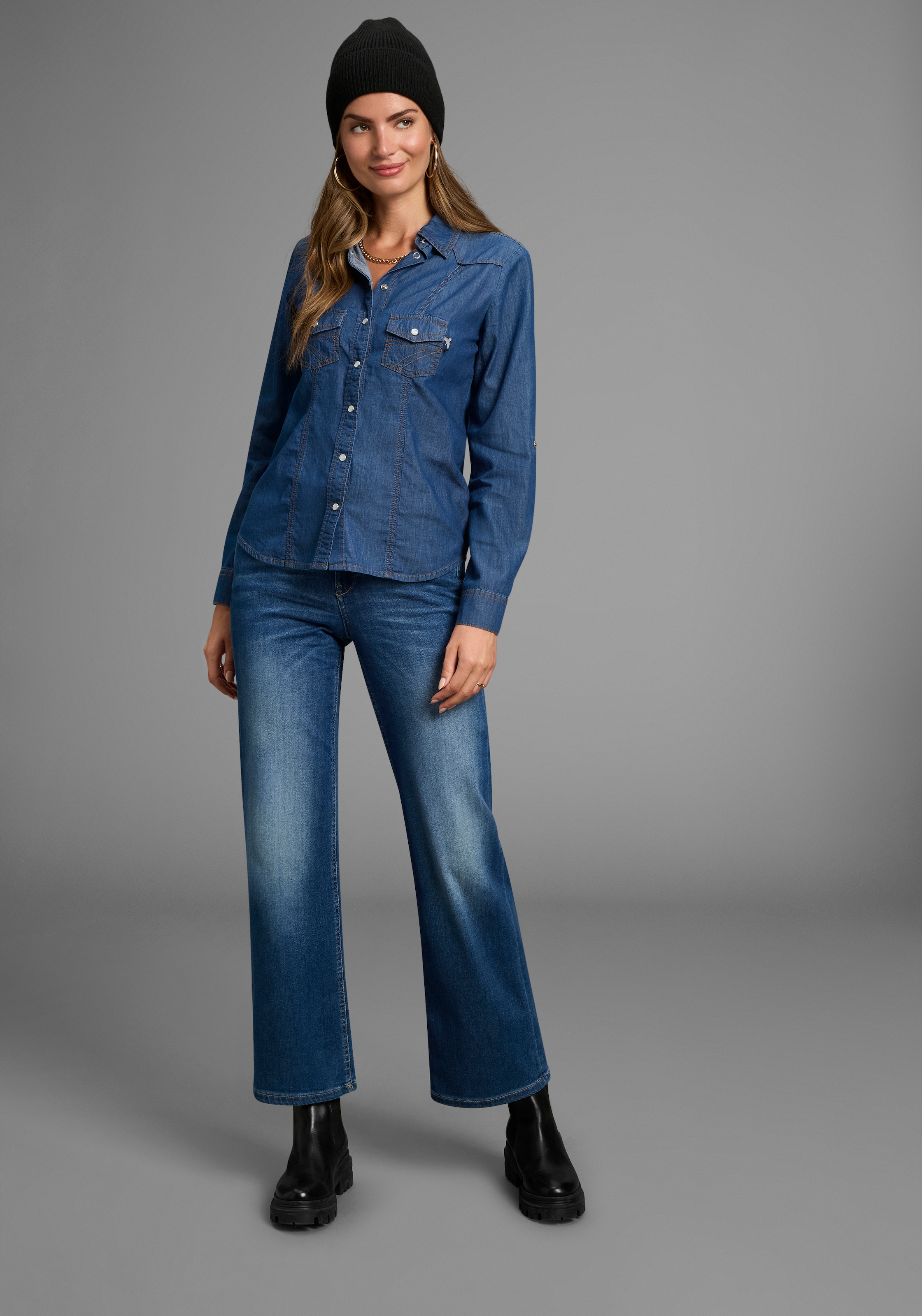 Arizona Jeansbluse »mit Druckknöpfen in Perlmuttoptik«, und Krempelärmeln