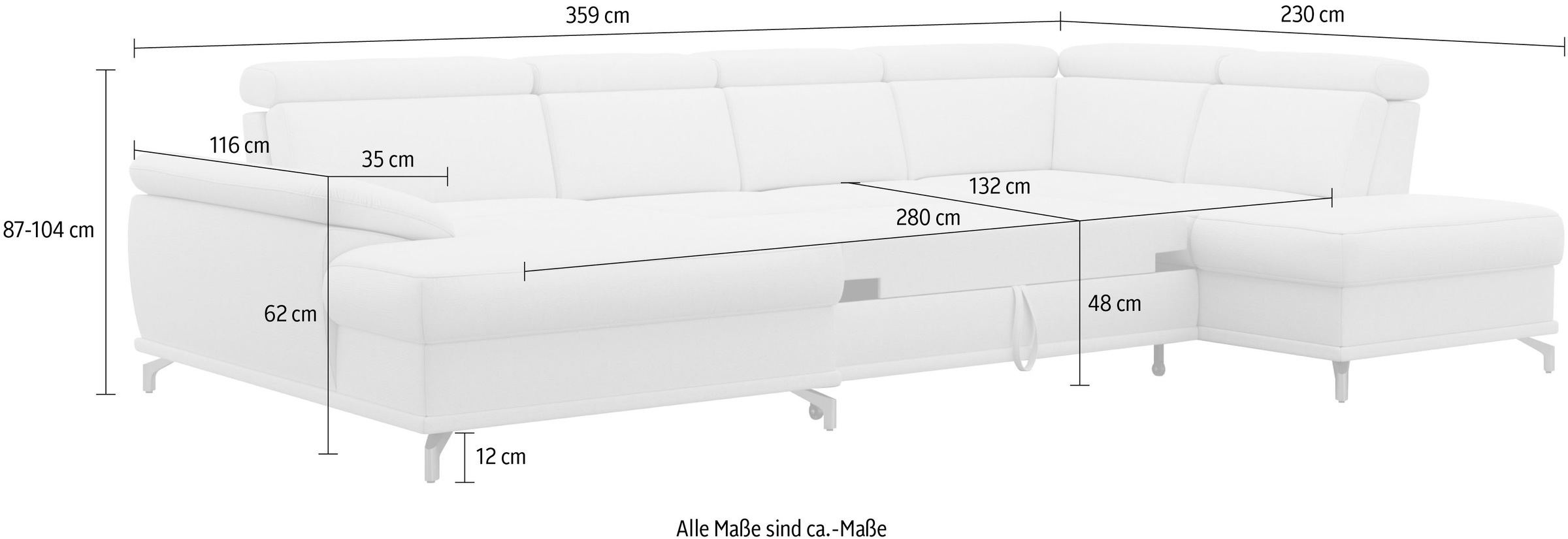 sit&more Wohnlandschaft »Cabrio U-Form, mit Sitztiefenverstellung, Arm- und Kopfteilverstellung«, 3 Nierenkissen, Federkern, optional Bettfunktion und Stauraum