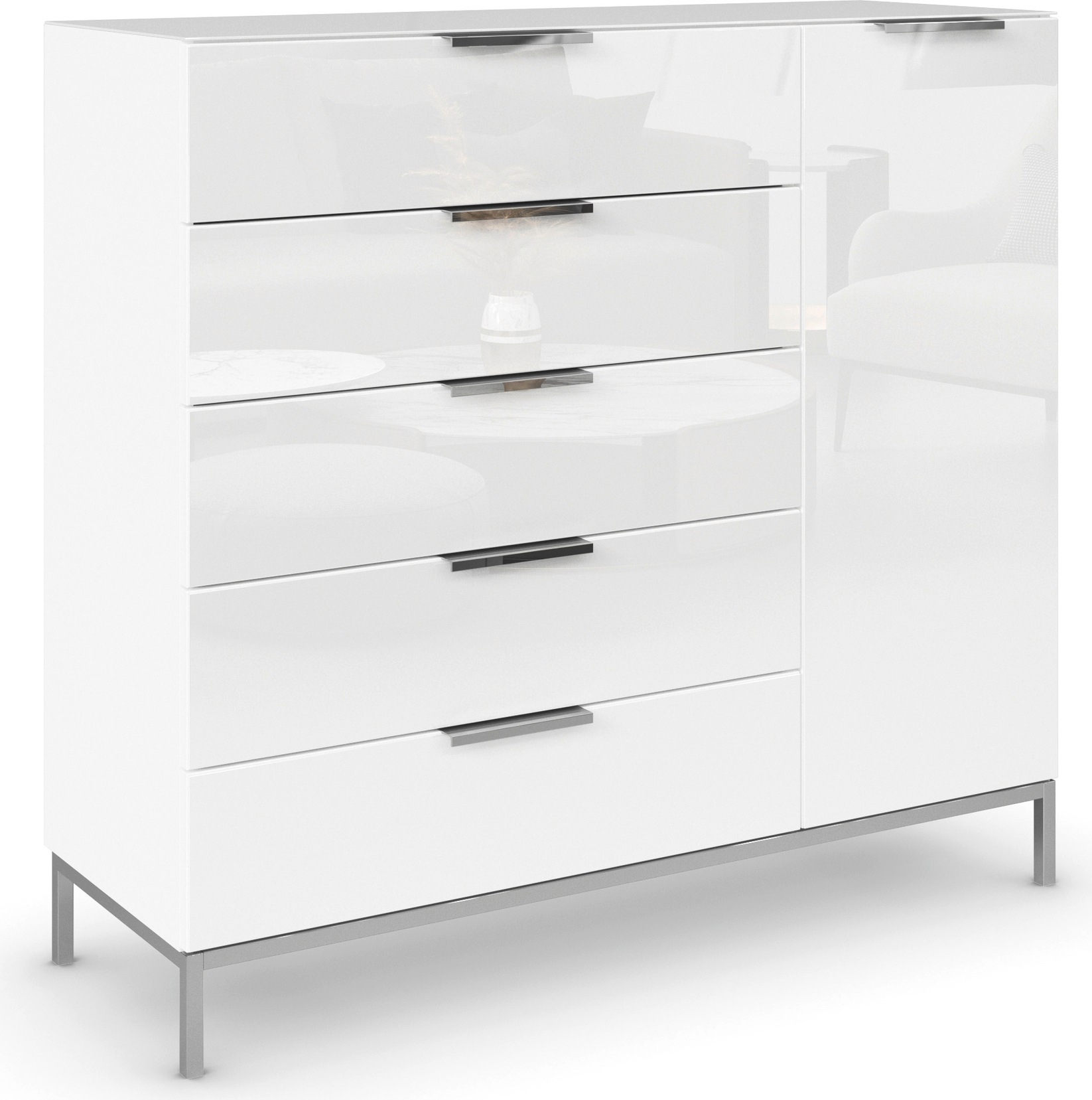 rauch Kombikommode "Kommode Türkommode Sideboard Kombikommode FLIPP mit Glasfront" Breite 120 cm mit 2 Einlegeböden, 1-türig, 5 Schubladen, Soft-Close-Funktion, Oberboden und Front Glas