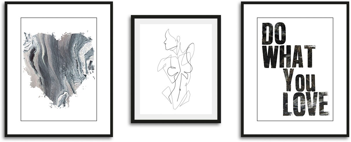 queence Bild »Love« Abstrakt | Bilder von Frauen | Fashion | Frau | Herz | Herzbilder | Magazincover | Mode | Schriftzug | Schwarz-Weiß | Sprüche & Texte 3 Stk. tlg. gerahmt