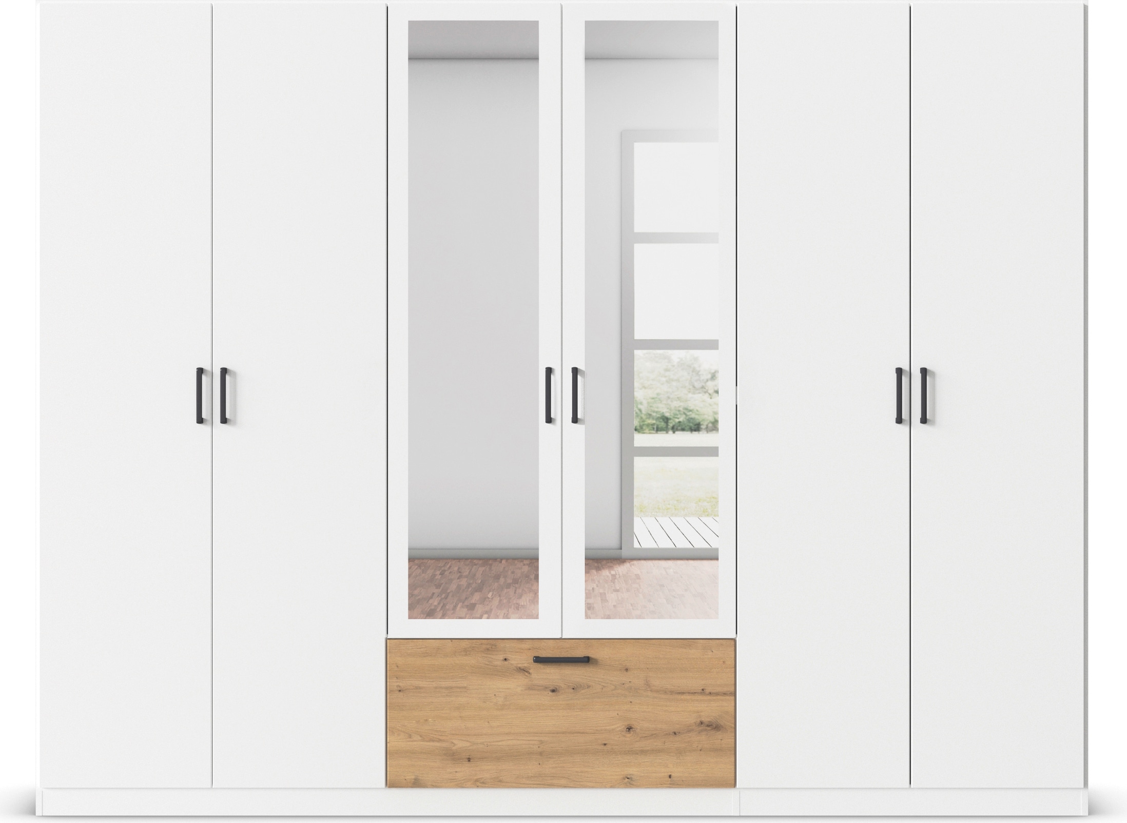 rauch Drehtürenschrank »Kleiderschrank Schrank Garderobe Wäscheschrank BARI mit Spiegel«, mit Schubasten mittig, moderner Griff in Graumetallic MADE IN GERMANY